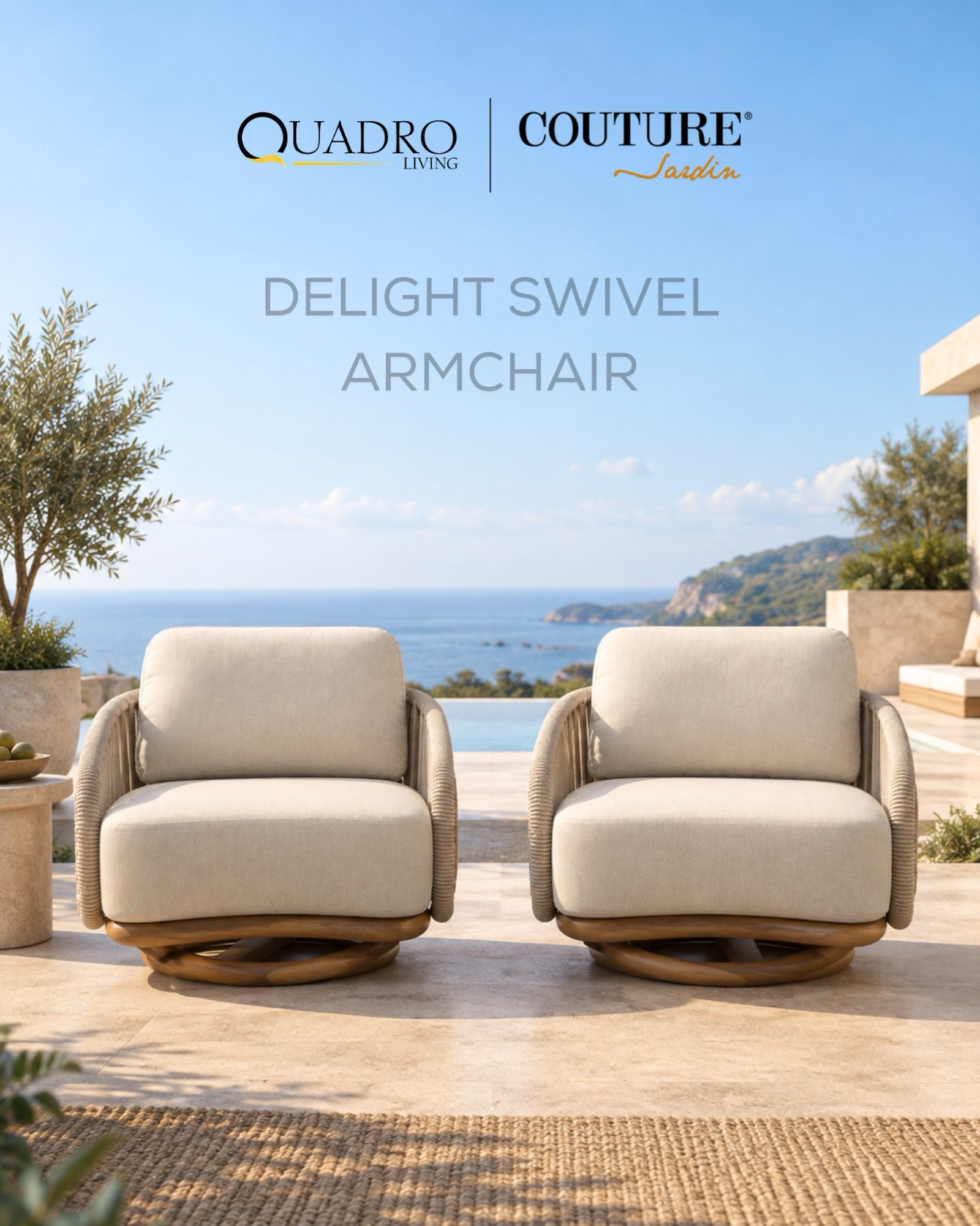 Every view, from one seat.
The Delight Swivel Armchair by Couture Jardin, exclusively at Quadro Living, Jubilee Hills.
DM “DELIGHT” for pricing and a showroom visit.
📍 Jubilee Hills, Hyderabad
📞 +91 79979 98836
🌐 www.quadroliving.com
{delight swivel armchair, swivel chair outdoor, outdoor armchair hyderabad, luxury outdoor furniture hyderabad, couture jardin india, terrace furniture, poolside lounge chair}
#swivelchair #outdoorfurniture #couturejardin #quadroliving #jubileehills