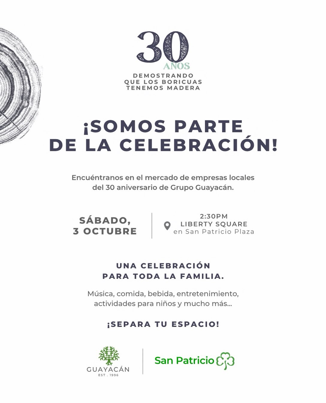 Nos unimos a la celebración de los 30 años de Grupo Guayacán!
El sábado, 3 de octubre, encuéntranos en el mercado de empresas locales del evento, junto a empresas que forman parte de la comunidad de Grupo Guayacán. Estaremos brindando de nuestros servicios durante la actividad 🚐🚐
Ven a celebrar con nosotros y disfruta de una tarde llena de música, entretenimiento y actividades para toda la familia.
📍 Liberty Square, San Patricio Plaza | 2:30pm-5:30pm
¡Separa tu espacio! Comenta o escríbenos “Registro” para enviarte el link 🔗
#guayacan30 #tenemosmadera