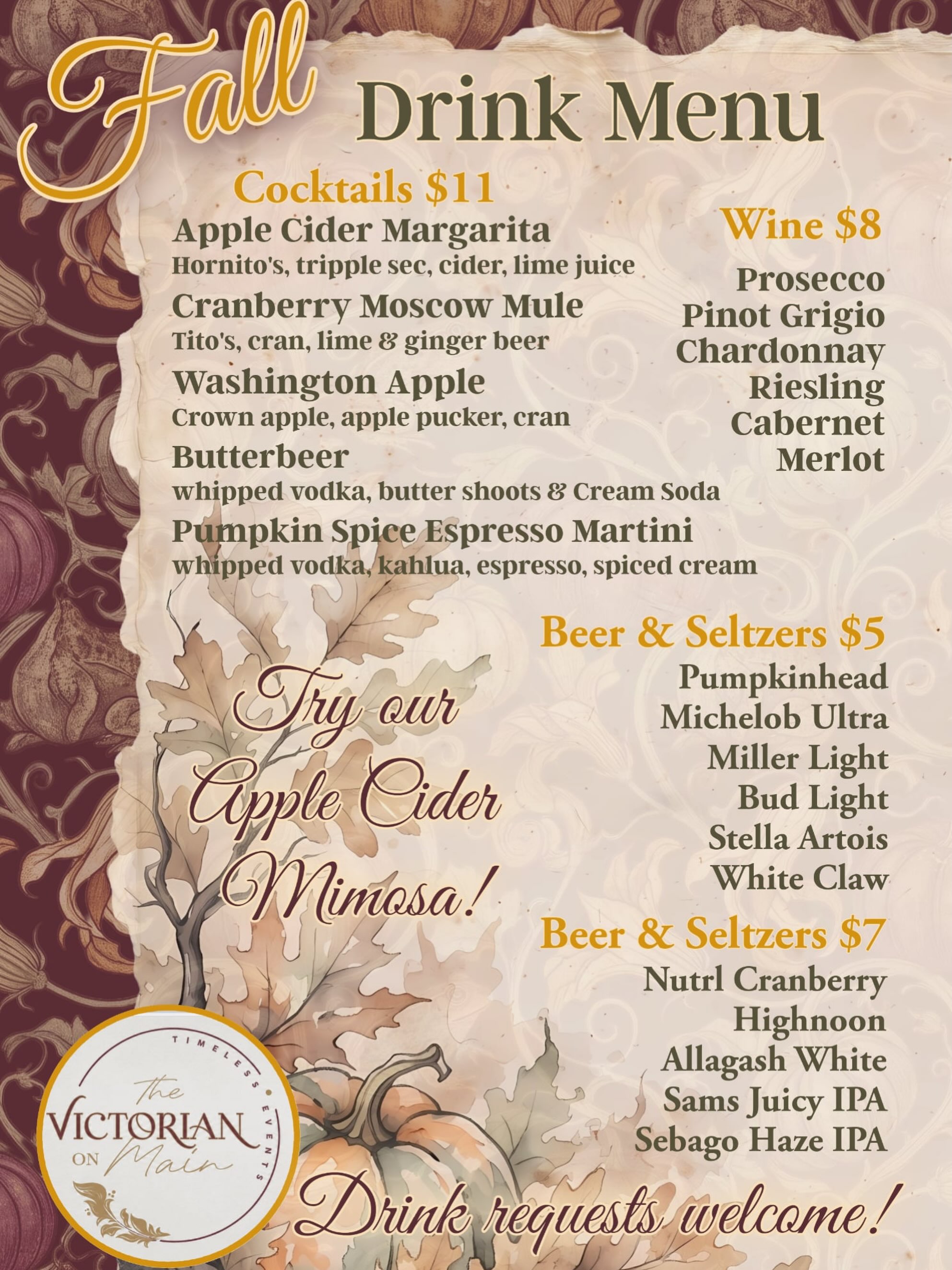 π Fall flavors are coming to The Victorian On Main! πβ¨
As we head into a new season, weβre excited to introduce our seasonal bar menu, featuring cozy fall-inspired cocktails, wines, beers, seltzers, and of course, our favorite seasonal flavors.
Our bar service starts with a thoughtfully curated seasonal menu, and from there, we offer a selection of liquors and mixers to accommodate many of the most requested cocktails. πΈ
And because every event is unique, signature drinks are always welcome! Want a cocktail created specifically for your wedding, shower, celebration, or special gathering? We can even customize a drink menu to fit your event, theme, and taste. π₯
From classic favorites to a cocktail thatβs completely your own, we love making the bar a memorable part of your celebration.
π Cheers to fall, signature sips & celebrating together! π
Drink requests welcome! π₯β¨