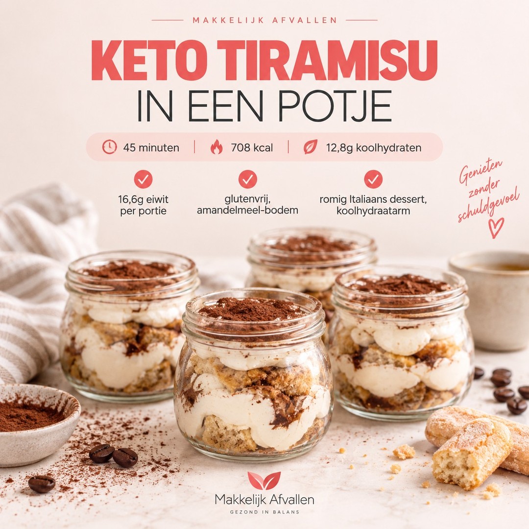Tiramisu terwijl je afvalt. Klinkt tegenstrijdig, maar is het niet.
In vijfentwintig jaar in dit vak zie ik hetzelfde patroon steeds terug. Mensen die zichzelf alle toetjes verbieden, houden het gemiddeld korter vol dan mensen die een koolhydraatarme versie van hun favoriete gerecht toestaan. Verbieden werkt niet. Vervangen wel.
Deze tiramisu is daar het bewijs van. Amandelmeel in plaats van lange vingers. Stevia in plaats van suiker. Het resultaat is een dessert met 12,8 gram koolhydraten en 16,6 gram eiwit per potje, tegenover 38 gram koolhydraten en amper 7 gram eiwit bij de klassieke versie.
Ik snap dat sommigen dit een omweg vinden. Waarom niet gewoon minder vaak tiramisu eten in plaats van hem na te maken? Omdat "minder vaak" in de praktijk voor de meeste mensen "nooit meer" wordt, en dat is precies het moment waarop het misgaat. Een koolhydraatarme versie van iets wat je toch al lekker vindt, houd je wel vol.
De cakebodem bak je een dag van tevoren. De potjes bouw je daarna in tien minuten op, in laagjes met espresso en mascarponemousse. Drie dagen goed in de koelkast, ideaal voor onderweg.
Het volledige recept met alle stappen staat op de site. Link in comments.
Sla op voor het weekend. Deel met iemand die denkt dat afvallen betekent dat alle lekkere dingen verboden zijn.