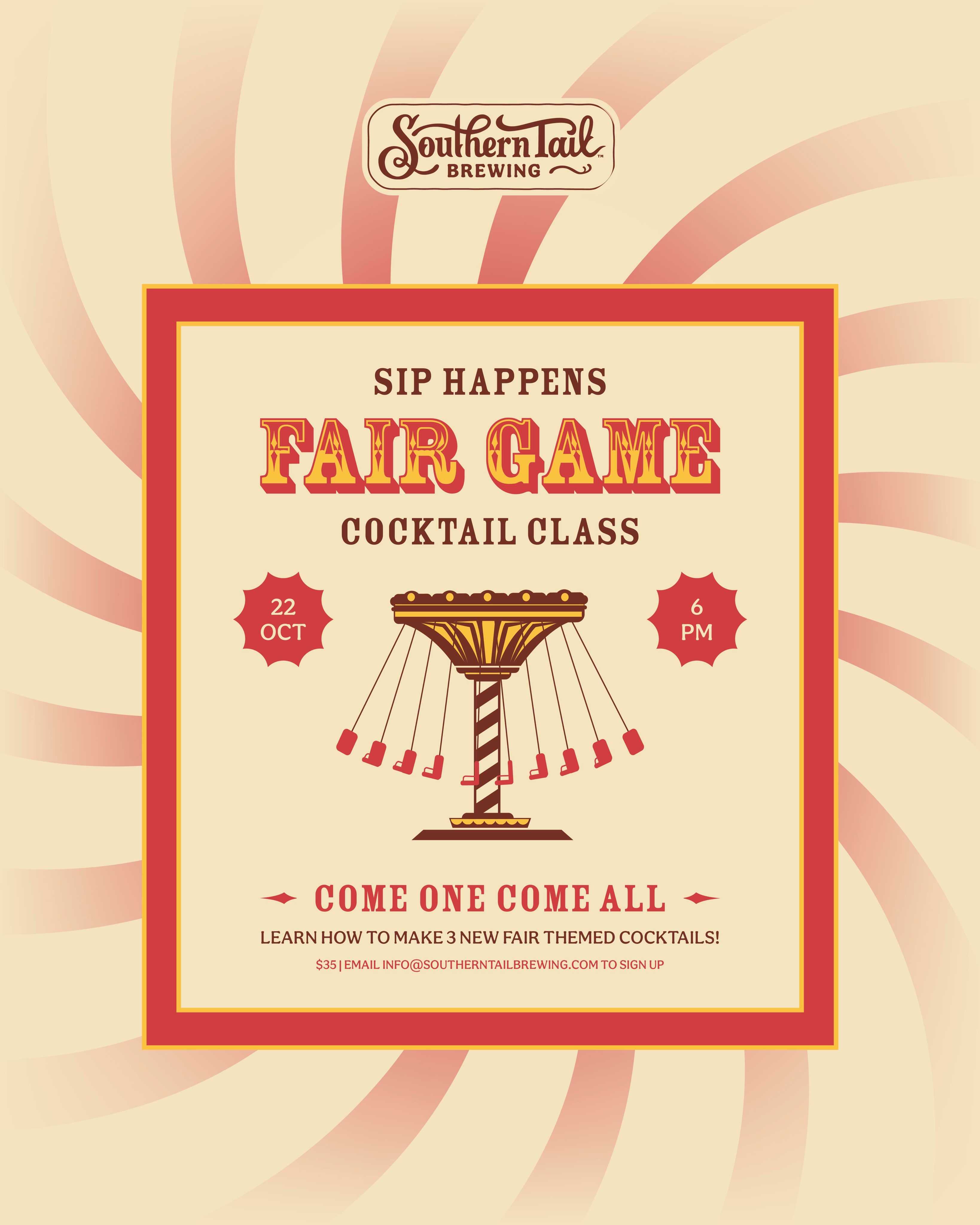 Come one, come all to our next cocktail class, Sip Happens: Fair Game! 🎡🍹
That’s right, you guessed it! For $35, we’ll be teaching you how to make three new carnival-inspired cocktails on October 22nd, just in time for the Arkansas State Fair.
There’s no height restriction for this ride, but we do ask that you keep your hands on a shaker tin and your feet on the ground at all times. It’s gonna be a thrill! 🎠
📍 Southern Tail Brewing
📅 October 22nd
⏰ 6 PM
🎟️ $35
Email info@southerntailbrewing.com to claim your seat!
#SouthernTailBrewing #SipHappens #CocktailClass #LittleRockEvents #ArkansasStateFair