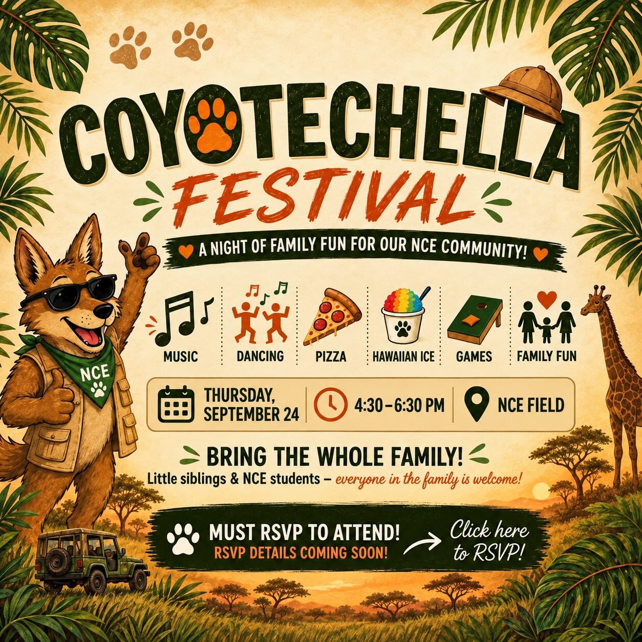 Calling all Coyotes—let’s get WILD! 🐾🌿 Join us for Coyotechella, a night of music, dancing, pizza, Hawaiian ice, games, and family fun! 🎶🍕🍧
📅 Thursday, September 24
⏰ 4:30–6:30 p.m.
📍 NCE Field
Bring the whole family—little siblings included! 💚 We can’t wait to make memories with our NCE community.