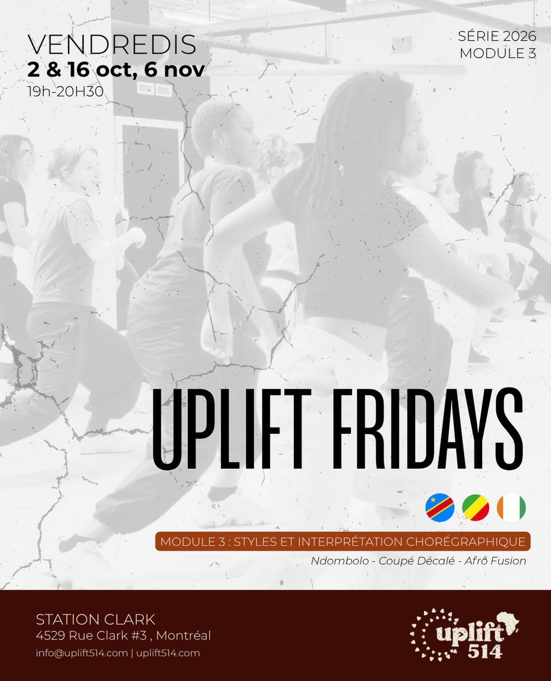 🍂 C’est l’automne & WE ARE BACK !!
UPLIFT FRIDAYS vibes sont de retour 🙂↕️ We heard you !!
3 Fridays. 3 vibes. 🔥
Ateliers chorégraphiques avec @meloomat
Ndombolo, Coupé-Décalé & Afro Fusion
Oct. 2 & 16 + Nov. 6
19h–20h30 | @stationclark
Come train. Come vibe. Come UPLIFT.
Limited spots — secure yours now. 🔗