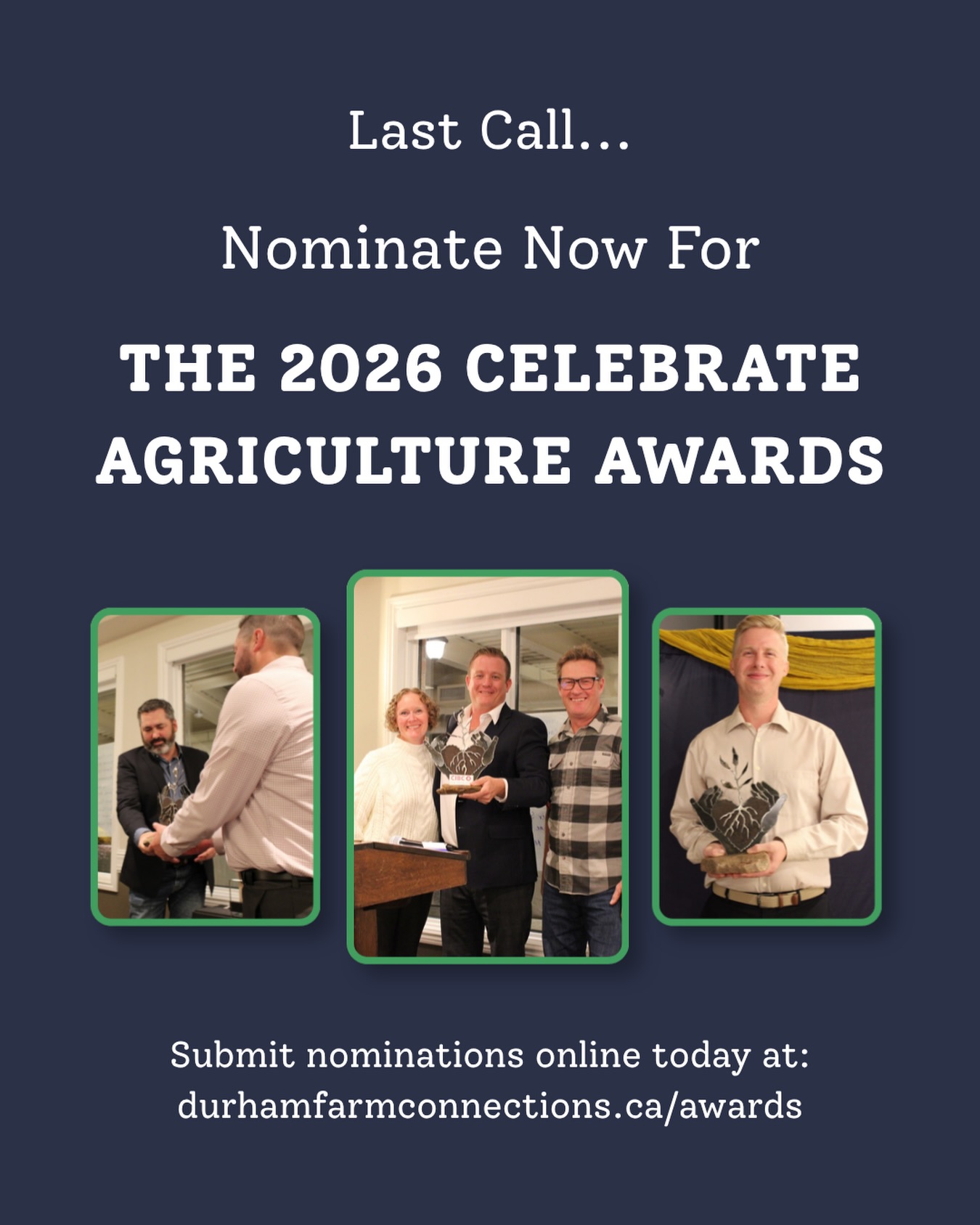 Today is the last day to submit nominations for our 2026 Celebrate Agriculture Awards. โผ๏ธ
Each year, we proudly recognize excellence in the agricultural industry & community through our Celebrate Agriculture awards.
We encourage you to nominate a worthy individual, group, or organization for the following categories:
๐ Farm Family Award
๐ Spirit of Agriculture Award
๐ Leadership Award
๐ Women in Agriculture Award
Winners are awarded at our annual Celebrate Agriculture Gala on Thursday, October 22, 2026 at the Royal Ashburn Golf Club. ๐
Please share this post to remind others to submit nominations before itโs too late. โฐ
To submit a nomination, visit the link in our bio or visit durhamfarmconnections.ca/awards.