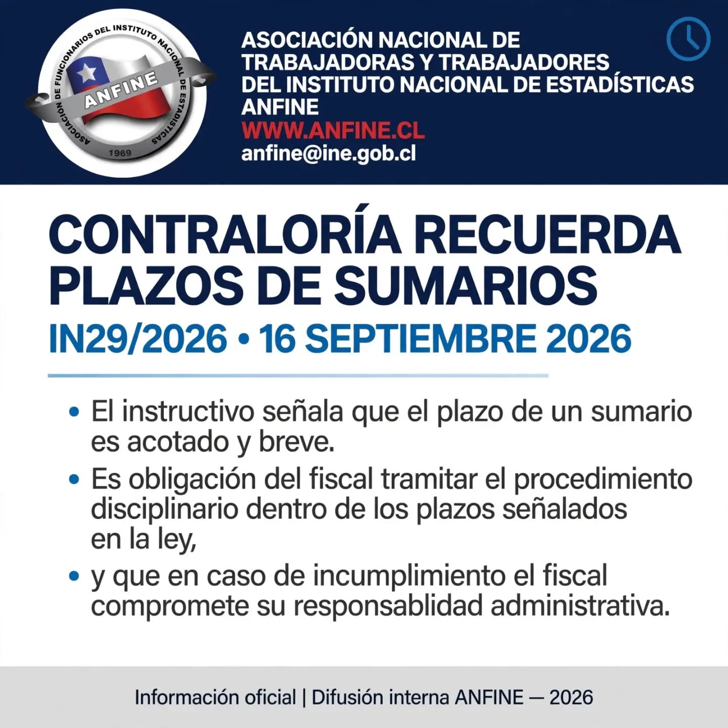 📢 ATENCIÓN BASES REGIONALES ANFINE
Contraloría emite IN29/2026 (16 sept 2026 - Contralora Dorothy Pérez) con nuevas instrucciones sobre sumarios, plazos y derechos funcionarios.
Difunde con tu base.
Gráficas en nuestro feed 👉 @anfine.chile
WWW.ANFINE.CL
#ANFINE #ANEF #FEDERACIONDEECONOMIA