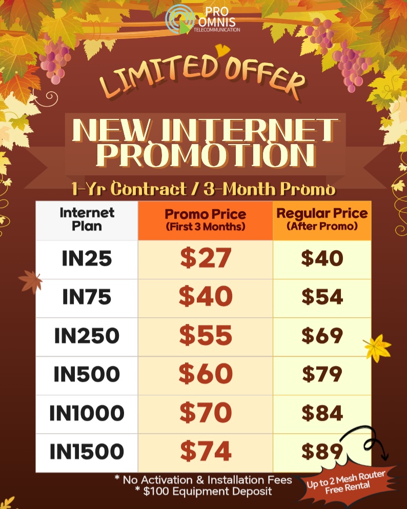 ๐ Limited-Time Fall Internet Promotion ๐
โจ New Internet Sign-Up Special
โ๏ธ Discounted rates for the first 3 months
โ๏ธ FREE Activation & Installation
โ๏ธ No price increase after your 1-year term!
๐ป Promotional Monthly Rates (First 3 Months)
โข IN25 โ $27 + Tax
โข IN75 โ $40 + Tax
โข IN250 โ $55 + Tax
โข IN500 โ $60 + Tax
โข IN1000 โ $70 + Tax
โข IN1500 โ $74 + Tax
๐ IN1500 Bonus
Get up to 2 Mesh Routers FREE during your subscription.
๐
Offer valid for new customers with a 1-year contract.
๐ 604-638-8777
๐ง info@proomnis.ca
๐ proomnistelecom.ca
๐ฒ Contact us on KakaoTalk: "PROOMNIS" today!
#PROOMNIS #Internet #InternetDeals #Vancouver #Burnaby #Canada #HomeInternet #FallPromotion #NewCustomer #HighSpeedInternet #WiFi