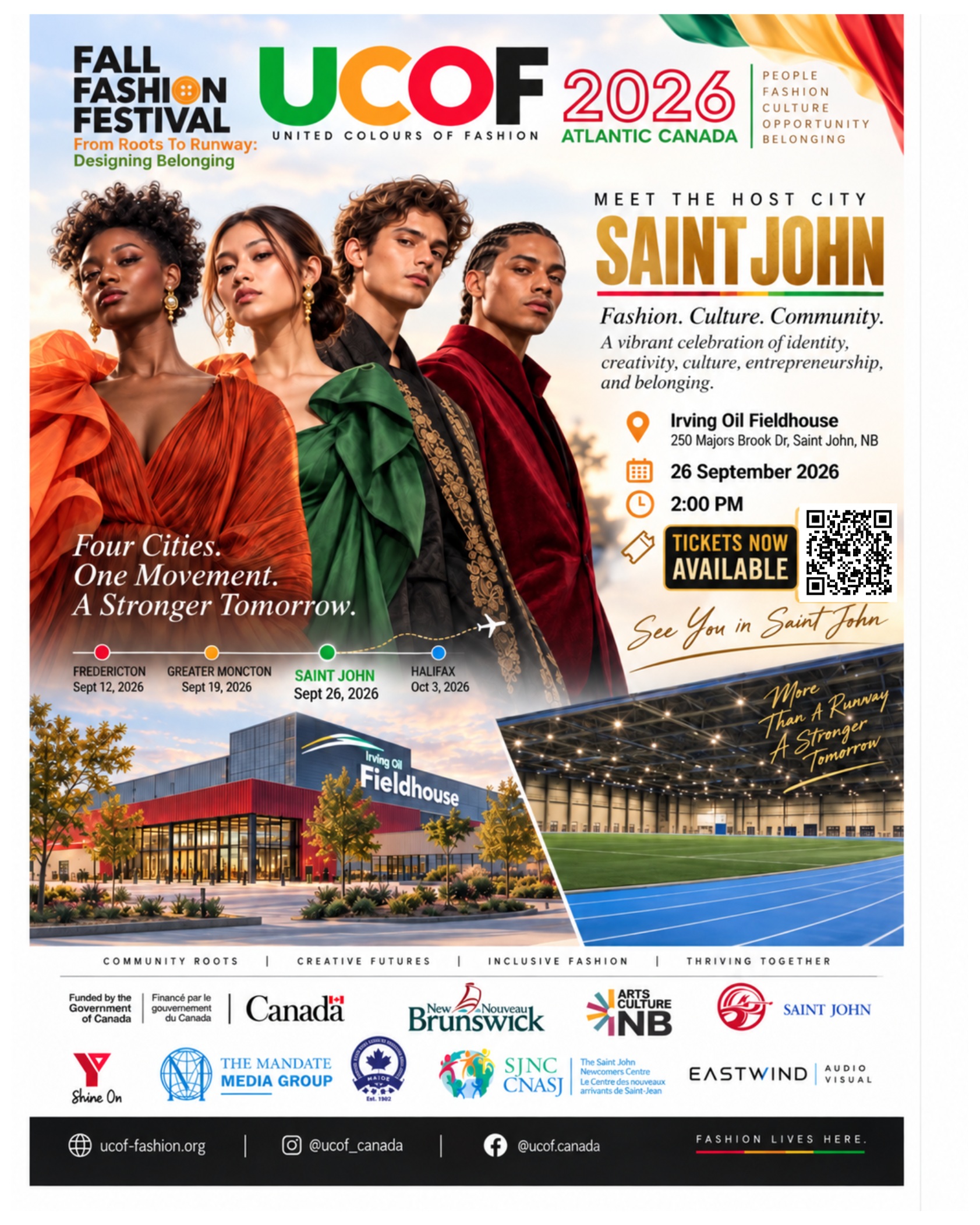 SAINT JOHN - THE RUNWAY IS YOURS!
Two cities down. Two to go. Next stop: SAINT JOHN!
This Saturday, September 26, the UCOF Fall Fashion Festival 2026 continues its four-city journey, bringing fashion, culture, creativity, performance, and community together in Saint John.
FROM ROOTS TO RUNWAY: DESIGNING BELONGING
Come experience a runway filled with diverse stories, bold designs, incredible models, artists, performers, and the cultures that make our communities unique.
📍 Irving Oil Fieldhouse
250 Majors Brook Dr, Saint John
Saturday, September 26, 2026
2:00 PM
Fredericton ✅ | Greater Moncton ✅ | Saint John 🔥 | Halifax 🔜
Saint John, this is your moment. Come experience the runway!
Four Cities. Four Runways. One Story.
#ucoffallfashionfestival2026