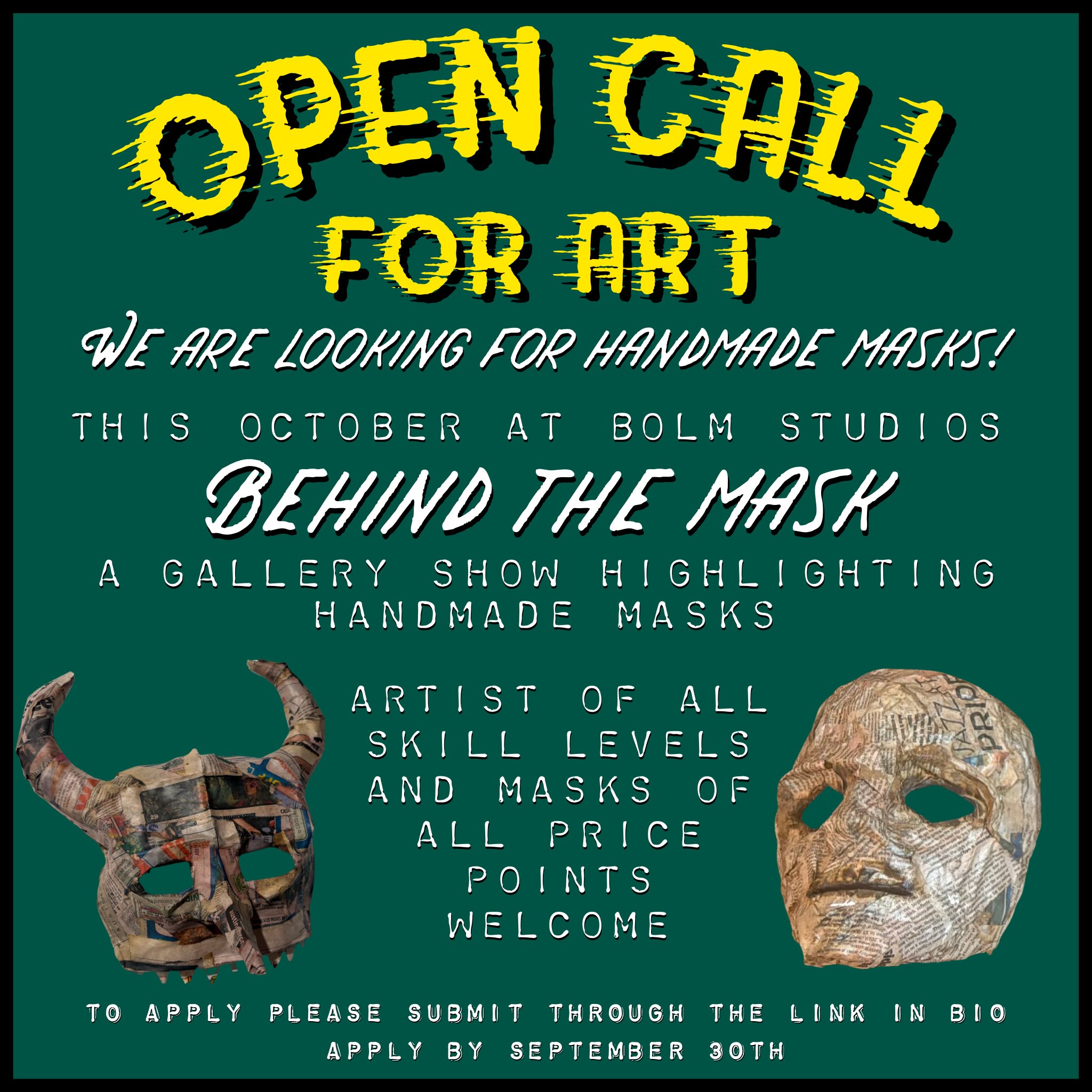 .
OPEN CALL FOR ART!
This October we will be having an art exhibition BEHIND THE MASK and we want you to submit your mask art! Submission deadline is SEP 30!
The submission link is on our bio under “MASK SUBMISSION”.
Hope to see your application soon!
