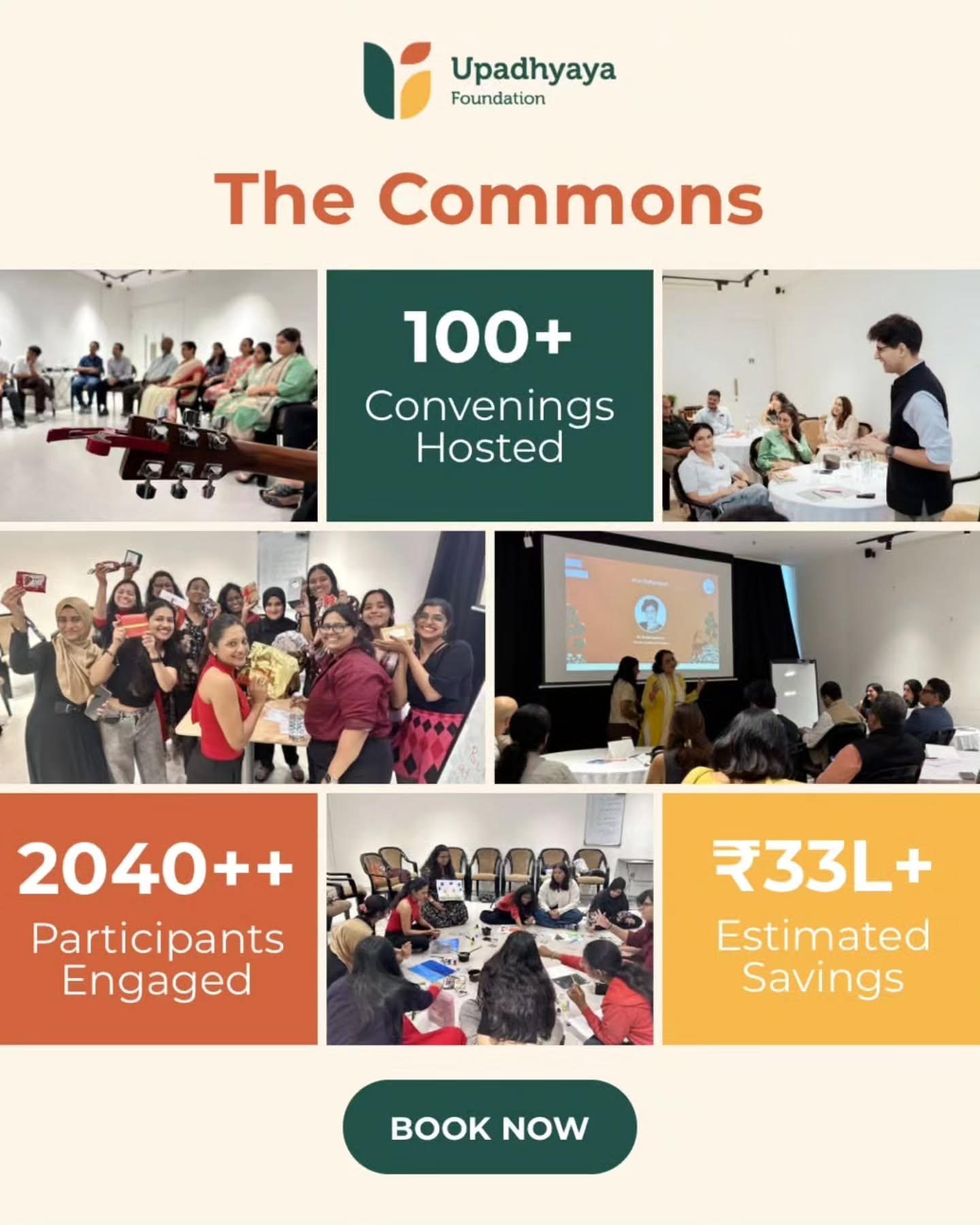 Looking for a space to host your next workshop, meeting, or convening?
We’re happy to share that The Commons, Upadhyaya Foundation’s collaborative space for the social sector, is now open for October 2026 bookings.
Located in Lower Parel, Mumbai, The Commons is available to non-profits and ecosystem partners for workshops, training sessions, strategy meetings, roundtables, and community gatherings — completely free of cost.
We’re also excited to share that The Commons has now hosted 100+ convenings, bringing together organisations, practitioners, and ecosystem partners to connect, collaborate and share ideas.
On our website, you can:
📅 View the live availability calendar
🏢 Explore the space, facilities, and amenities
📖 Learn more about The Commons and its impact
📝 Submit a booking request
We believe meaningful change happens when people come together, and we’re happy to make this space available to organisations working towards social impact.
Explore The Commons and submit your booking request here:
🔗 https://www.upadhyayafoundation.org/the-commons
We look forward to welcoming you!
#TheCommons #UpadhyayaFoundation #Collaboration #SocialImpact #Nonprofits MumbaiNGOs EcosystemBuilding ConveningForChange
