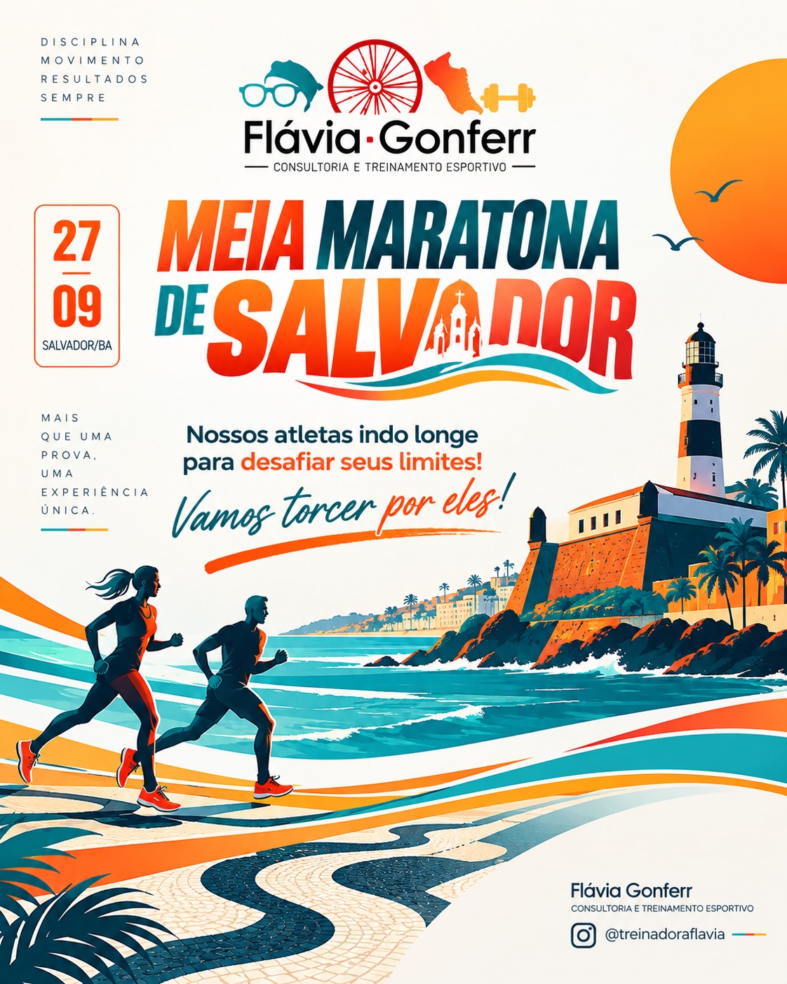 Nosso time vai longe e a nossa torcida vai junto!
Dia 27/09, nossos atletas encaram a Meia Maratona de Salvador. Que venham os 21 km, a superação e a linha de chegada! VOCÊS ESTÃO MAIS QUE PREPARADOS!
Estamos com vocês! Voa time! 🧡