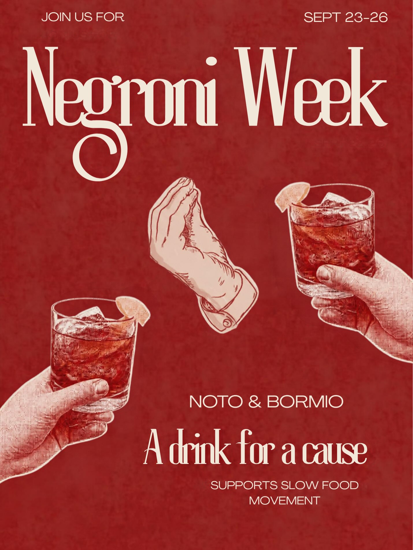 4 days. 2 Negroni menus. 1 great cause.
Negroni Week is here, and we’re raising a glass at both Noto and Bormio!
Join us September 23-26 for a lineup of Negronis created by our bar teams, with a portion of proceeds supporting Slow Food and its mission to protect food traditions, biodiversity, and a better food future.
#negroniweek
@imbibe @campariamerica @slowfoodusa