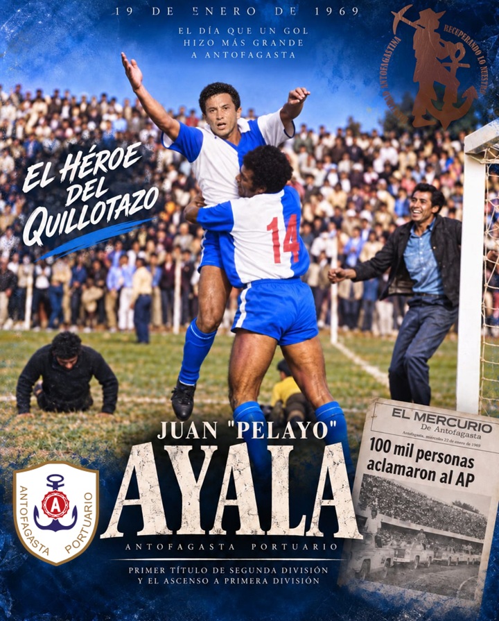 Nos solicitaron más publicaciones del AP y en qué topamos? si acá somos fanáticos.
Una gráfica con la foto histórica del gol de Juan Pelayo Ayala (minuto 78), sostenido por Jorge Helo, en el Quillotazo del 19 de Enero de 1969.
Nuestros saludos y eterno a agradicimiento a todos y cada uno de los jugadores del plantel 68 de Antofagasta Portuario, quienes lograron el anhelado campeonato y ascenso.
La Formación del "Quillotazo"
El director técnico era el mítico Francisco "Pancho" Hormazábal. La alineación titular de Antofagasta Portuario que saltó a la cancha ese día estuvo compuesta por:
• Arquero: Jaime Berly
• Defensas: Manuel Escobar, Juan Carlos Meneses, Antonio Espinoza, Carlos Bravo
• Mediocampistas: Juan Antonio Páez, Ernesto Saavedra, Renault Jauregui.
• Delanteros: Onofre Barreto, Carlos Vega, Juan Pelayo Ayala.
Plantel 1968:
🧤 Arqueros
• Francisco Valencia
• Jaime Berly
• Eduardo Ferrada
🛡️ Defensas
• René Jáuregui
• Carlos Bravo
• Carlos Vega
• Antonio Espinoza (también citado como Carlos Espinoza)
• Juan Romero
• Samuel Abd-El-Kader
⚙️ Mediocampistas
• Ernesto Saavedra
• Manuel Escobar
• Jorge Dagnino
• Serapio Marín
• Juan Letelier
⚽ Delanteros
• Juan Pelayo Ayala (El héroe del gol del título)
• Onofre Barreto
• Juan Carlos Meneses
• Juan Antonio Páez
• Lucio González
• Jorge Tobar
• Jorge Helo
• Pedro Monroy
• Bernardo Tirado
• Luis Céspedes
• Pedro Chang
#antofagastachile🇨🇱