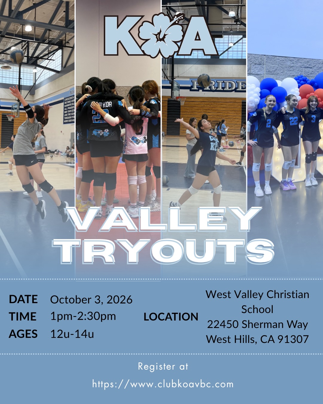 Tryouts for the 2026-2027 club season are around the corner!🗓️ 12u-14u tryouts will be on October 3rd at both locations. Register today at www.clubkoavbc.com
#girls #volleyball #club #koa #tryouts