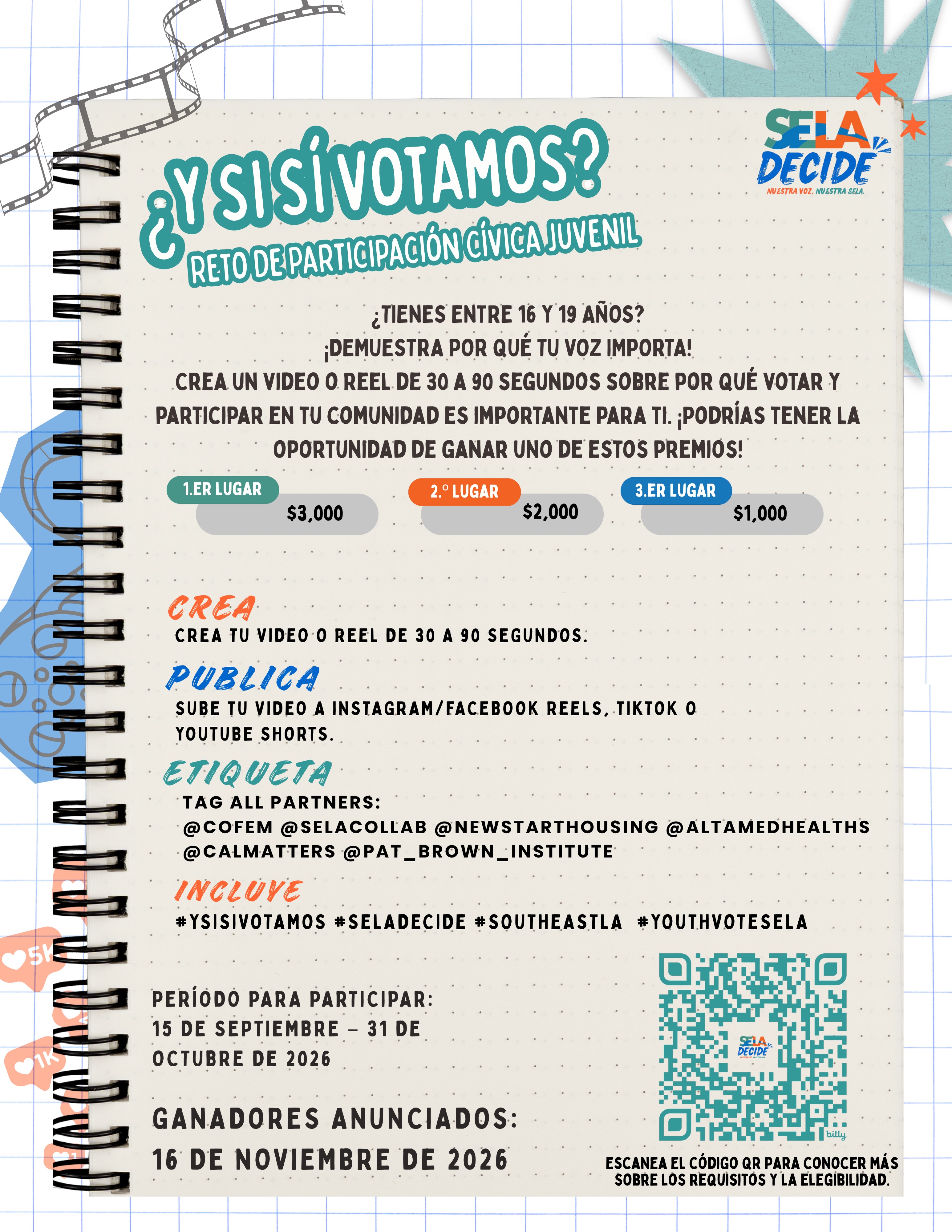 Considera esto como tu señal para darle “grabar”.
¿Tienes una historia? ¿Un dicho? ¿Una idea sobre la participación cívica? ¿O una visión de cómo los jóvenes pueden crear cambios en su comunidad?
¡Queremos escucharla!
El Concurso de Participación Cívica Juvenil ¿Y Si Sí Votamos? está abierto a jóvenes de 16 a 19 años que viven, trabajan o estudian en Southeast Los Angeles.
🎬 Crea un video de 30–90 segundos
💭 Comparte tu voz y tu creatividad
💰 Gana hasta $3,000 + cuatro premios adicionales de $500
Desliza para conocer todos los detalles y luego… ¿qué estás esperando?
🔗 Envía tu participación: bit.ly/YouthCivicEngagementChallenge o visita el enlace en nuestra biografía.
#YSiSiVotamos #SELADecide #SouthEastLA #youthvotesela
Consider this your sign to hit “record.”
Got a story? A dicho? A hot take on civic participation? An idea for how young people can create change?
We want to hear it.
The ¿Y Si Sí Votamos? Youth Civic Engagement Challenge is officially open to young people ages 16–19 in Southeast Los Angeles.
🎬 30–90 second video
💭 Your ideas. Your voice. Your creativity.
💰 Up to $3,000 in prizes + four additional $500 prizes
Swipe through the flyer for the details and then… what are you waiting for?
🔗 Submit your entry: bit.ly/YouthCivicEngagementChallenge or the link in our bio.
#YSiSiVotamos #SELADecides #SouthEastLA #YouthVoteSELA