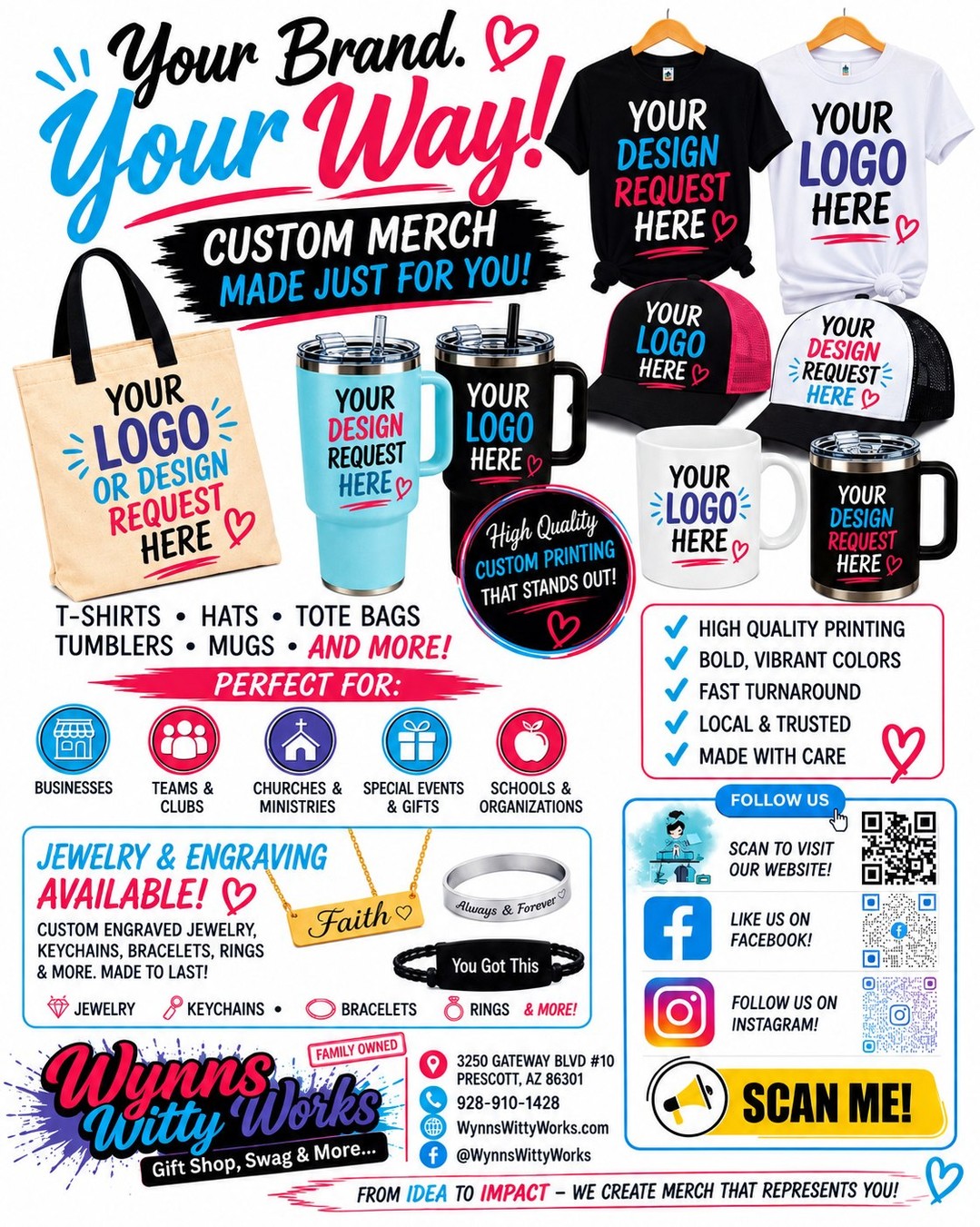 Your brand, your way! 🎨 From custom shirts and tumblers to engraved jewelry, Wynns Witty Works can help bring your ideas to life. Stop by Pine Ridge Marketplace for something made just for you! 🛍️