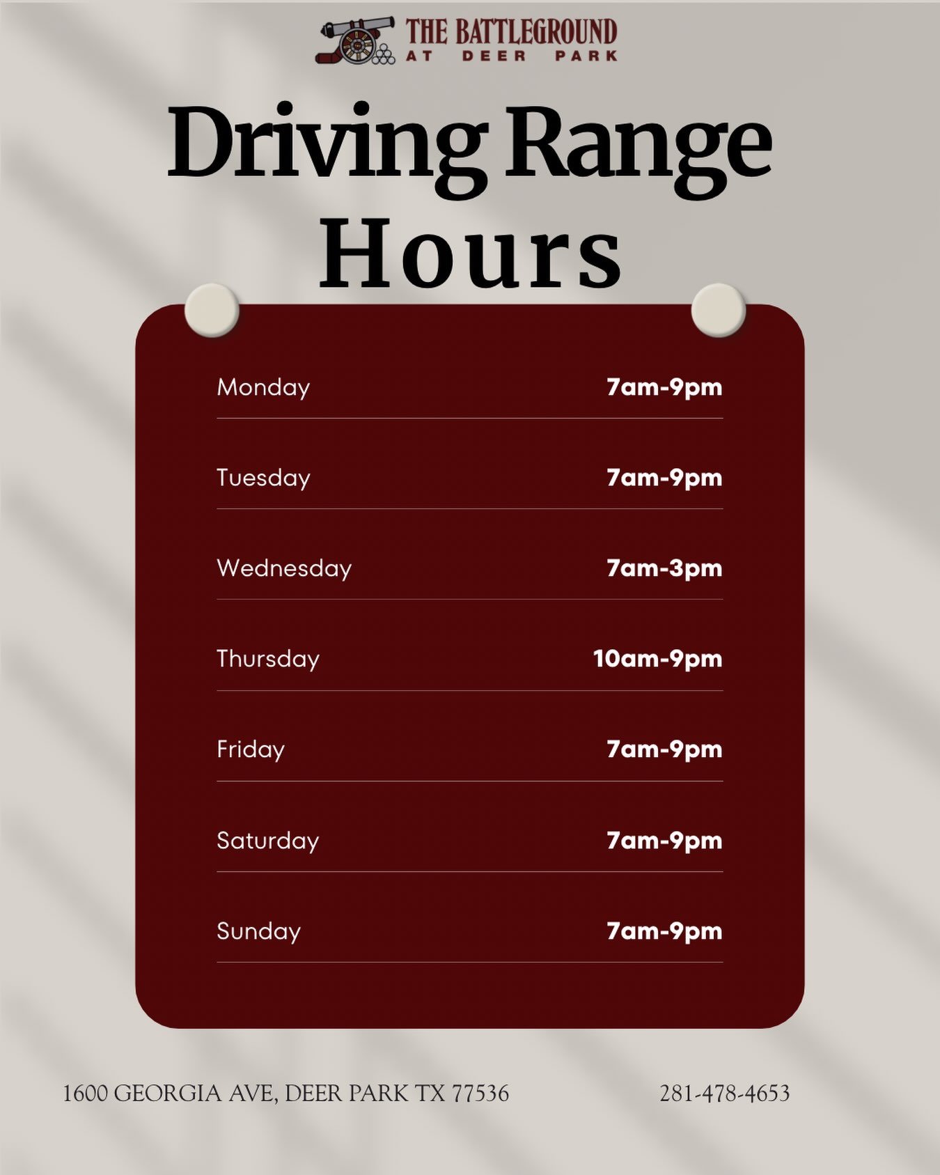 NEW DRIVING RANGE HOURS! 🏌️♂️⛳
Good news — we’re staying open later! More time to get out there and work on your game.
Just a reminder that Wednesdays and Thursdays have adjusted hours because of our weekly range maintenance.
Come hit some balls and take advantage of the extra time! See you out there.
#drivingrange #golf #hoursofoperation #TheBattlegroundGolfCourse
https://battlegroundgolfcourse.com