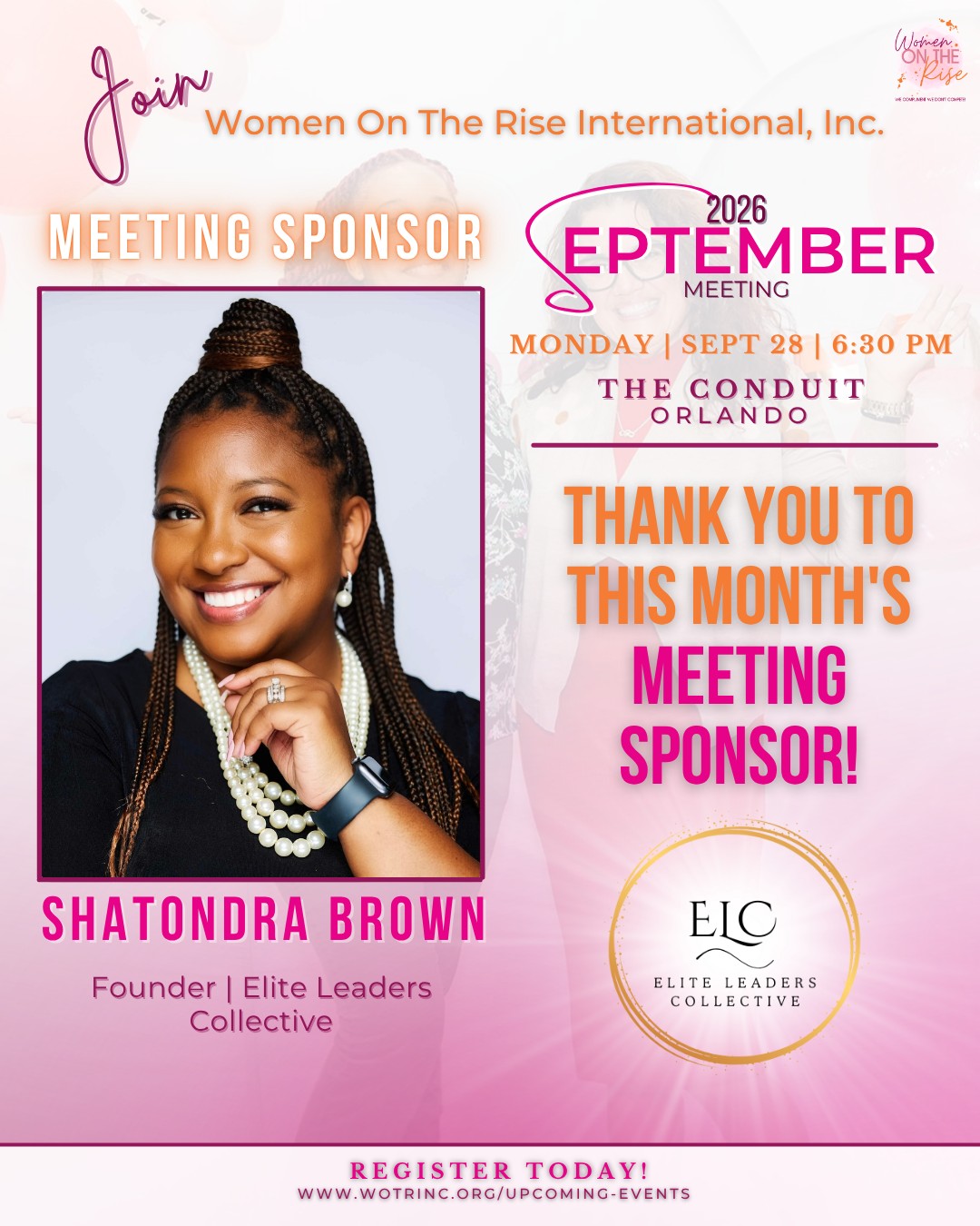 🌟September Meeting Sponsor Spotlight: Shatondra Brown! 🌟
Our September Women on the Rise Orlando Meeting is right around the corner, and we’re thrilled to introduce our Member Sponsor, Shatondra Brown!
Shatondra Brown is a strategic operations leader, executive leadership strategist, former U.S. Army Military Intelligence Officer, and founder of Elite Leaders Collective. She has led strategy, operations, client services, talent development, and operational improvement across corporate and military environments.
Her expertise extends beyond organizational leadership into career advancement and personal income strategy. Shatondra helps professionals identify how their knowledge, experience, and professional strengths can create greater career leverage and additional revenue opportunities. She also brings practical experience in building income through entrepreneurship, real estate, investing, and trading, allowing her to approach wealth building through both career growth and income diversification.
Shatondra founded Elite Leaders Collective after recognizing that many exceptional professionals remain under-recognized, undercompensated, and overly dependent on a single source of income. Drawing from her own career transformation, resilience as a breast cancer survivor, and experience creating multiple professional and financial pathways, she developed ELC to help high-performing leaders become more strategically positioned. Through tailored leadership, career advancement, and income expansion strategy built around her proprietary LEADER methodology, she helps clients translate proven performance into strategy, opportunity, and income streams.
Women on the Rise September Meeting
⚖️Know Your Rights: Protecting Your Future, Assets & Health
📍 Location: The Conduit, Orlando, FL
🗓️ Date: Monday, September 28th, 2026
🕡 Time: 6:30 PM
🎟️ RSVP to join us, link in Bio
Come ready to connect, learn, and be inspired! 💜
#ShatondraBrown #EliteLeadersCollective #WomenOnTheRise #WOTR #WomenInBusiness #OrlandoEvents #Orlando #OrlandoNetworking #TogetherWeRise #WomenWhoLead #EmpoweredWomenEmpowerWomen #TogetherWeRise