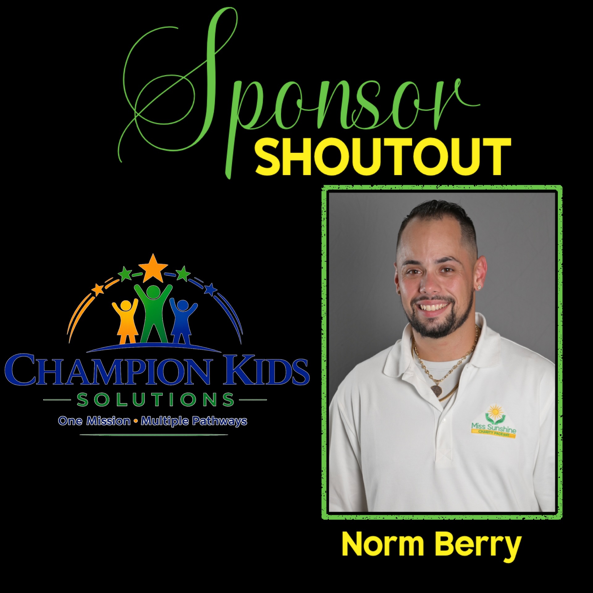 ☀️💛 SPECIAL SPONSOR SHOUTOUT! 💛☀️
Today we want to give a HUGE thank you to Norm Berry of Champion Kids Solutions, LLC! 👏☀️
Norm has been part of the Miss Sunshine Charity Pageant family for several years, generously volunteering his time and DJing both our Welcome Party and Pageant! 🎶👑 His energy helps make our weekend so much more fun, and we are incredibly grateful for the time, talent, and support he gives to our organization year after year. 💚
But Norm is more than our amazing DJ, he is also the founder of Champion Kids Solutions, LLC an organization dedicated to supporting children and empowering families through services including behavioral support, family coaching, educational services, and IEP/504 advocacy. 💛
We encourage our Sunshine Family to show Norm some love and learn more about the incredible work he and his team are doing for children and families! ☀️💚
👉 Visit Champion Kids Solutions:
championkidssolutions.com
Norm, thank you for continuing to spread sunshine through your time, talent, and kindness! We appreciate you more than you know! 👑☀️🎶
#MissSunshineCharityPageant #SponsorSpotlight #ChampionKidsSolutions #ThankYouNorm #SpreadingSunshineThroughKindness @championkids.solutions