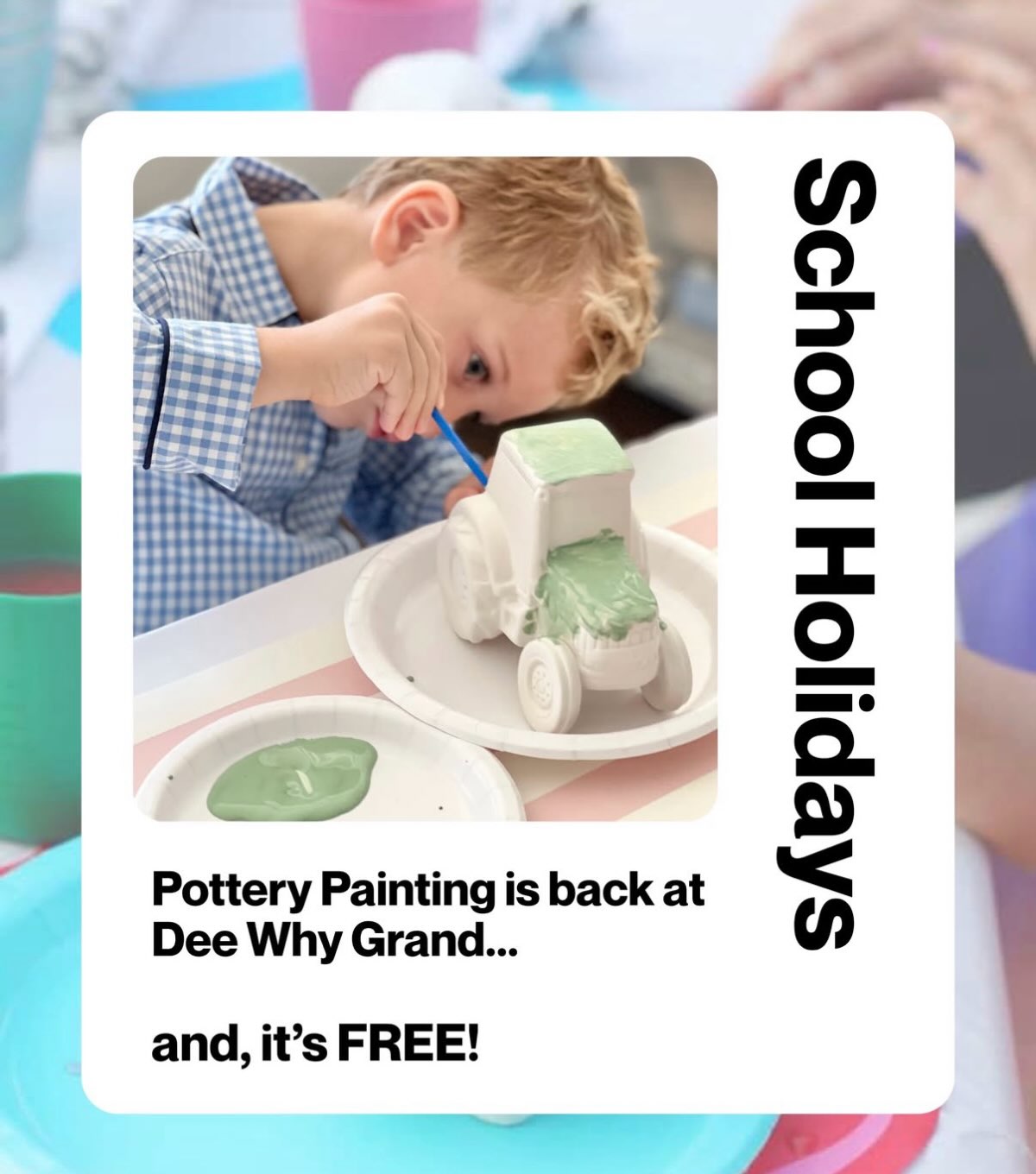 School holiday fun and it’s all FREE!
Tuesday September 29 - Thursday October 1
Daily 9:30 am to 12:30 pm
No bookings required.
See you there!! 😊
Dee Why Grand Shopping Centre