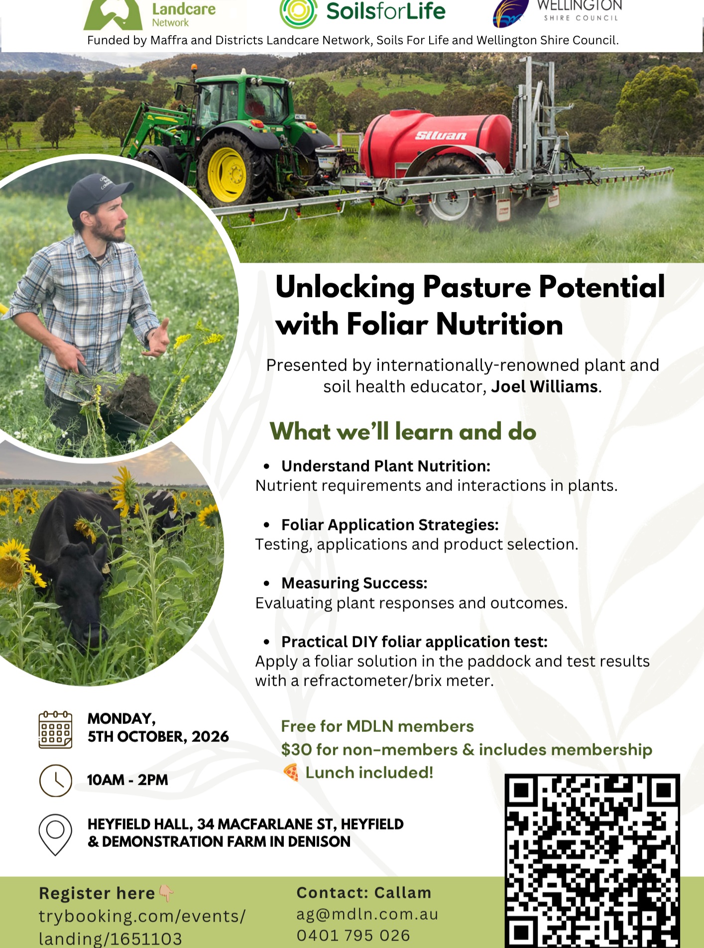 Register for our Joel Williams workshop and farm visit on how to use foliar applications and on-farm testing to efficiently optimise your pasture health and productivity in dairy farms.
Tickets are selling out fast, book here ASAP👇🏾
https://www.trybooking.com/DQDAW
Funded by Maffra and Districts Landcare Network, the Dairy Resilience Project by @soilsforlife for Life and @wellingtonshirevic Shire Council.
#foliarnutrition #regenerativeagriculture #joelwilliams #integratedsoils #dairyresilience #macalisterirrigationdistrict #maffralandcare