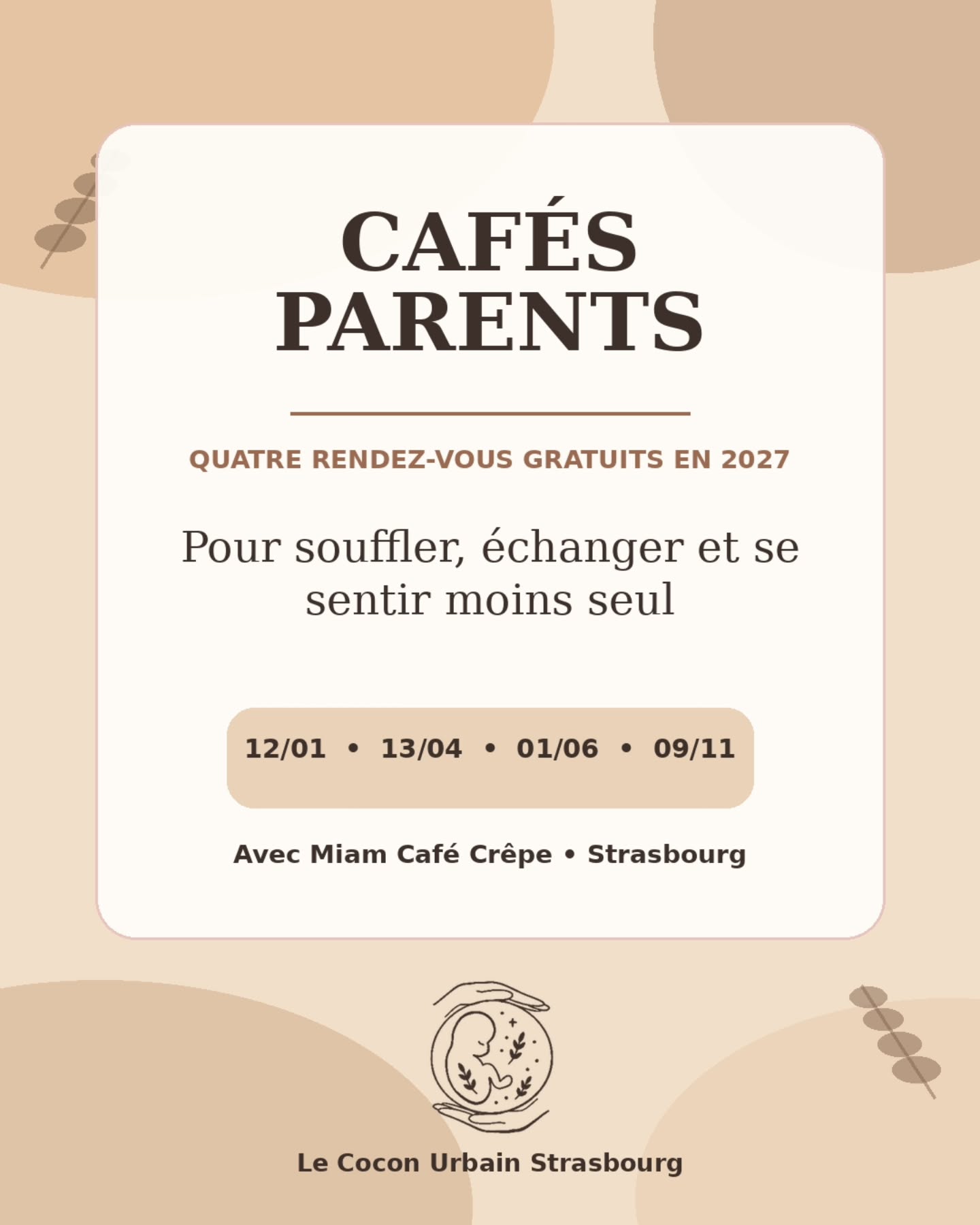 Oui, janvier 2027, ça paraît encore loin… mais finalement, c’est presque demain !
Et j’avais tellement envie de vous annoncer ces nouveaux rendez-vous : les Cafés Parents du Cocon Urbain, en collaboration avec Miam Café Crêpe ☕🤎
Quatre rencontres gratuites, autour de quatre thématiques qui nous concernent tellement lorsque l’on devient parent.
L’idée ? Se retrouver dans une ambiance chaleureuse et bienveillante, parler librement, rire, vider son sac, partager nos expériences… et surtout se sentir moins seul.
Ici, pas de jugement, pas d’injonctions, pas de pression : simplement de l’écoute, de la douceur, des échanges et beaucoup de convivialité. Le tout sans prise de tête !
Je me réjouis énormément de vivre ces moments avec vous. Je sens déjà que ça va être trop bien !
📅 12 janvier — La matrescence
📅 13 avril — Le baby clash
📅 1er juin — Être parent aujourd’hui
📅 9 novembre — La charge mentale parentale
📍 Chez Miam Café Crêpe
✨ Participation gratuite
🤎 Petit groupe de 6 parents
#Strasbourg #MamanStrasbourg #café #Parentalité #maternité