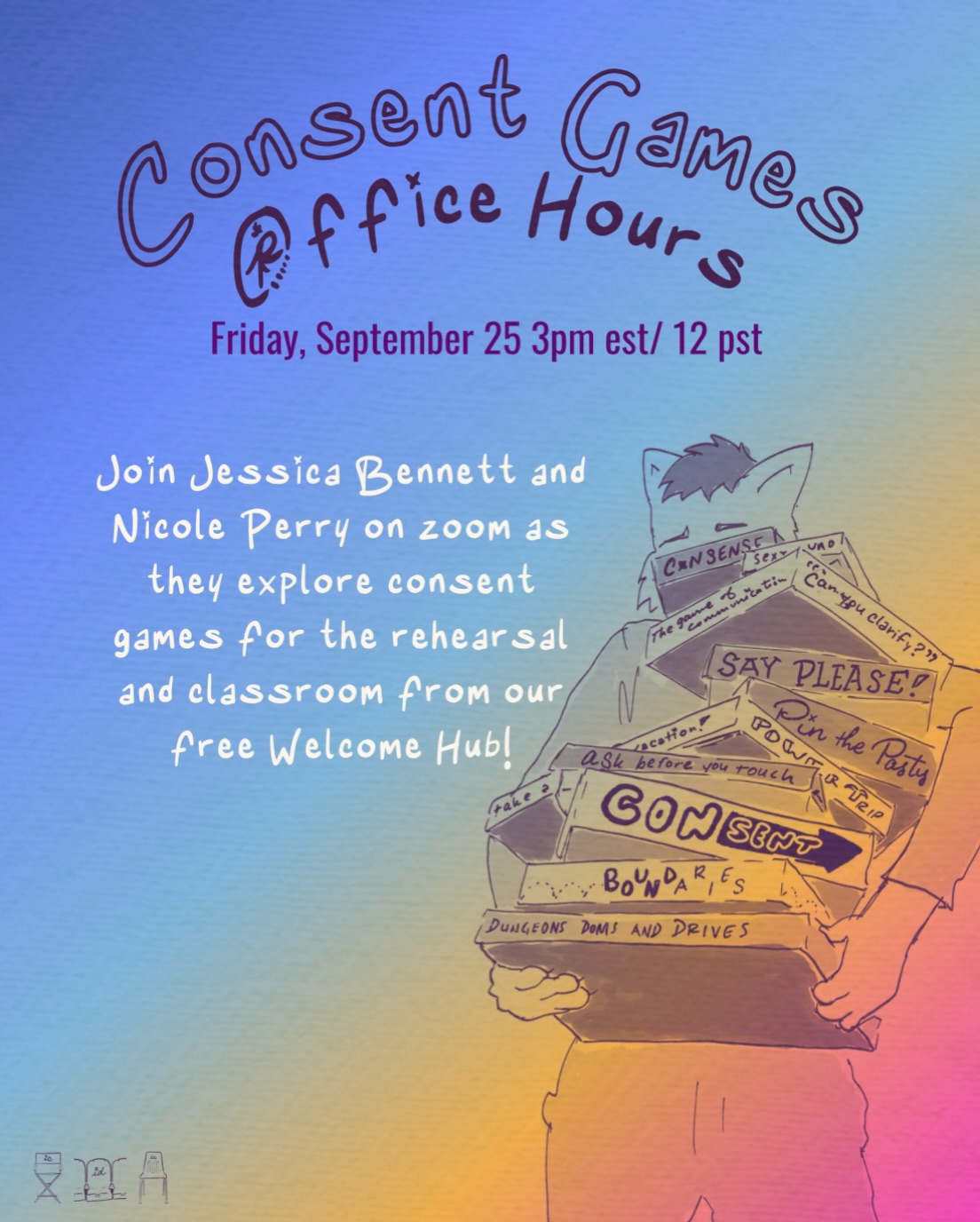 Friday at 3est / 12 cst, be social and learn with @jessicaebennett and @intimacychoreofl ! What are some of your favorite consent games for rehearsals and classrooms? What are types of games you wish existed? Build your community and network of peers this Friday (tomorrow) and join the conversation! Zoom link for office hours is available in our Welcome Hub on intimacySchool.teachable.com link in our bio. #ipecintimacy #intimacycoordinator #intimacydirector #intimacyprofessionals #consent