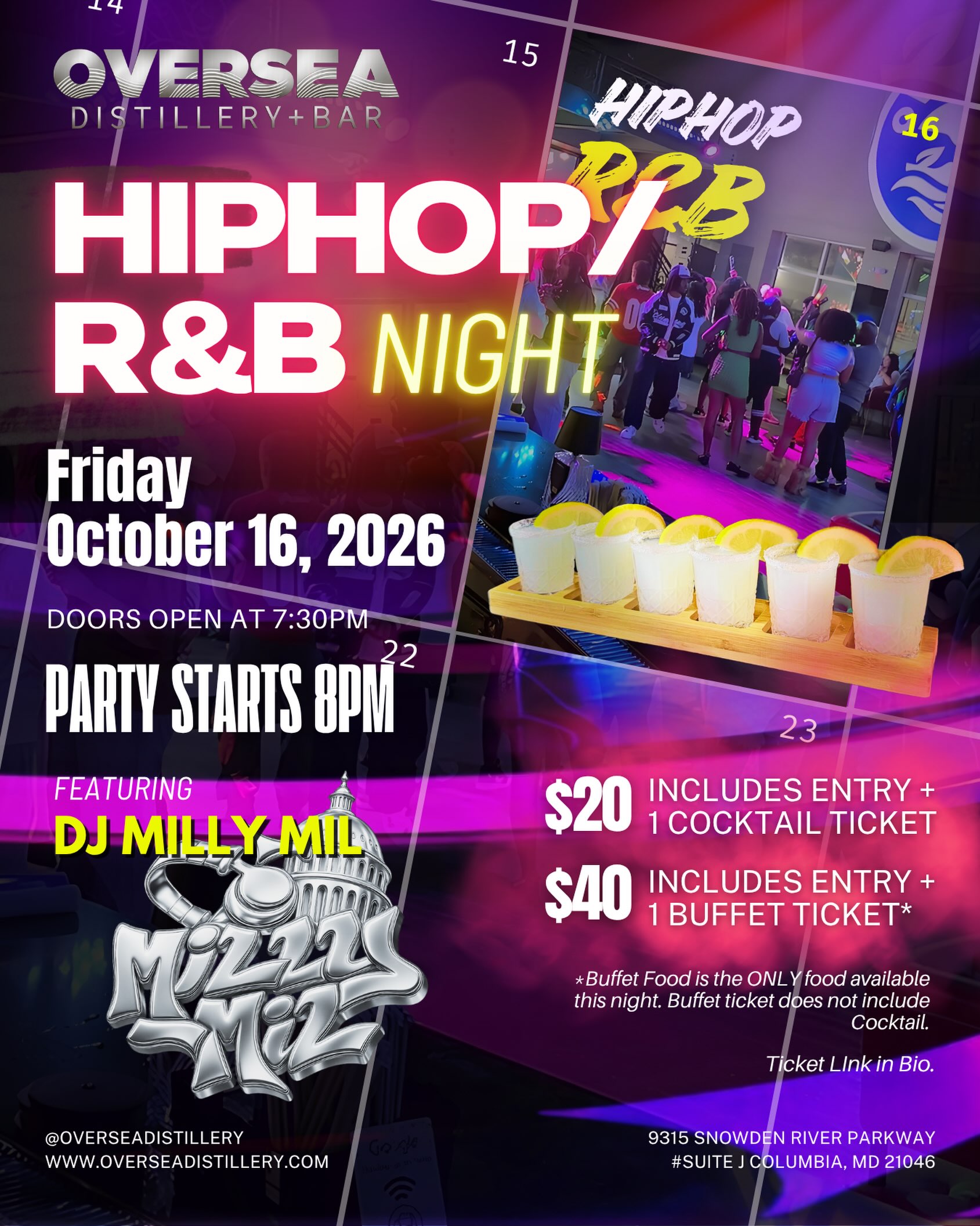 🚨 DMV, WHO’S READY TO SING THE WHOLE SONG?! 🎤🔥
HIP-HOP & R&B NIGHT
📅 OCTOBER 16 • 📍 OVERSEA DISTILLERY
🎧 DJ MILLYMIL
Our R&B crowd gets BIGGER every month, and those sing-alongs keep getting LOUDER! 🖤
DJ MillyMil is taking us from the ’80s to modern Hip-Hop & R&B—the throwbacks, the favorites, and the songs that make you grab your friend and yell, “THIS IS OUR SONG!” 🙌
🎤 Sing your heart out
💃 Jump into the line dancing
🍸 Sip special cocktails
🔥 Bring your best dance-floor energy
🎟 $20 GENERAL ENTRY
Entry + ONE COCKTAIL COUPON!
🍽 $40 BUFFET TICKET
Entry + ALL-YOU-CAN-EAT finger-food-style buffet!
Coming hungry? Get the buffet ticket—no other food will be available that night.
🥂 ONLY 2 VIP TABLES!
$300 for 6 guests includes:
✨ 6 admissions + dedicated VIP seating
🍾 1 bottle service
⚡ 6 Red Bulls
🍊 Orange juice + cranberry juice
🚪 Doors open at 7:30 PM
🔥 Party starts at 8 PM
Get the group chat together. Put that outfit on. And bring the friend who turns every R&B song into a personal concert. 😂🎶
👇 Tag your crew—WHO’S COMING?
#rnb #hiphop #rnbhiphop #hiphoprnb