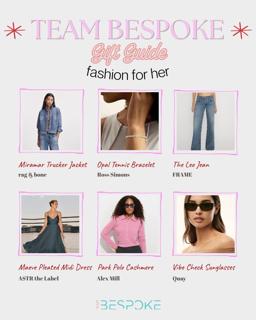 Made for her closet (or your own wishlist) 🎁 Our Fashion for Her gift guide is live, full of pieces worth gifting and keeping.
The softest cashmere polo from @alexmillny
A cozy merino-blend henley from @abercrombie
The Miramar Trucker Jacket from @ragandbone
The Leo jean from @frame
VIBE CHECK sunnies from @quayaustralia
An opal tennis bracelet from @rosssimons
The Maeve pleated midi from @astrthelabel