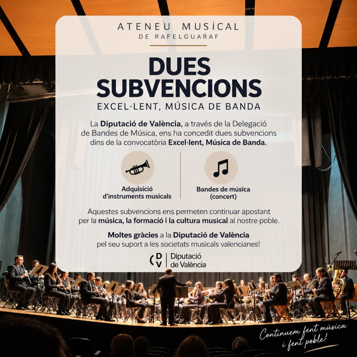 La Diputació de València, a través de la Delegació de Bandes de Música, ens ha concedit dues subvencions dins de la convocatòria Excel·lent, Música de Banda.
En concret, les ajudes corresponen a les modalitats de:
* Adquisició d’instruments musicals
* Bandes de música (concert)
Aquestes subvencions ens permeten continuar apostant per la música, la formació i la cultura musical al nostre poble.
Moltes gràcies a la Diputació de València pel seu suport a les societats musicals valencianes!
🎶 Continuem fent música i fent poble! 🎶
