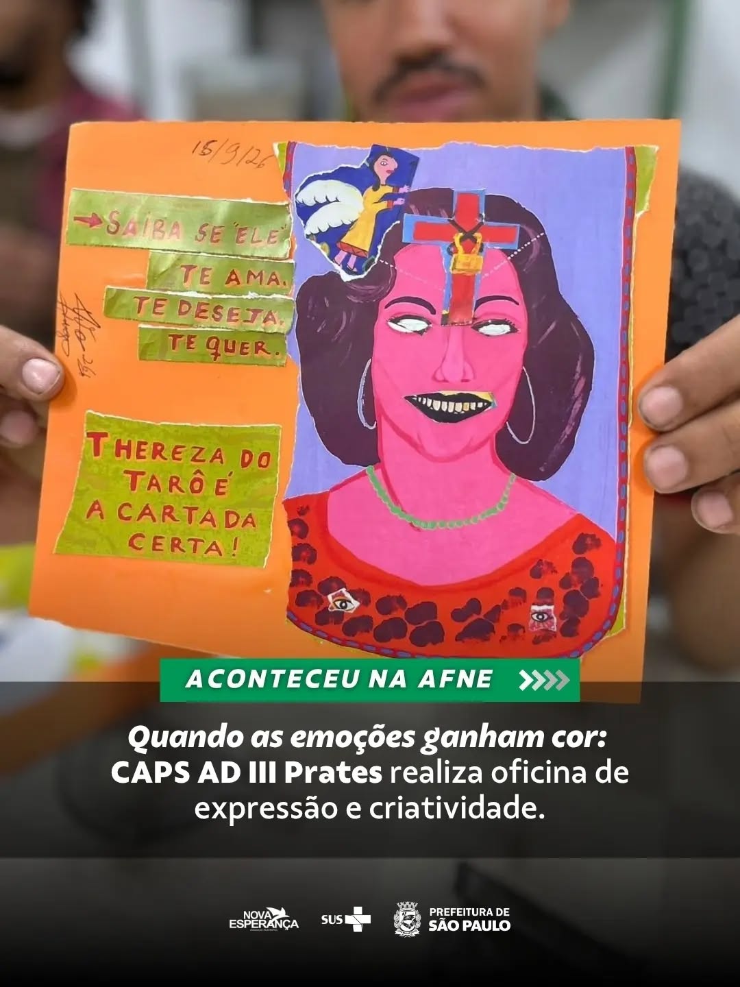 No 15 de setembro, o CAPS AD (Centro de Atenção Psicossocial Álcool e Drogas.) III Prates recebeu mais um encontro do Grupo de Atividade Criativa, conduzido por Vilma e Bruno com os usuários em acompanhamento no serviço.
A proposta utilizou folhas coloridas, revistas, tesoura e cola para estimular a expressão das emoções por meio de colagens e montagens, criando um espaço para que cada participante pudesse representar, de forma lúdica e criativa, aquilo que sentia naquele momento.
A atividade favoreceu a expressão de sentimentos, o resgate da criatividade e o fortalecimento de vínculos, além de promover escuta, acolhimento e troca de experiências.
Um encontro marcado pela criatividade, pela interação e pela valorização de diferentes formas de expressão e cuidado.
#Saúde #TimeAfne #CAPSAD #SUS
#PraTodosVerem: Registros do encontro do Grupo de Atividade Criativa realizado na sala de ambiência no CAPS AD III Prates Nas imagens, usuários em acompanhamento no serviço participam da atividade utilizando materiais como folhas coloridas, revistas, tesouras e cola para produzir colagens e montagens. O momento acontece de forma coletiva e acolhedora, com interação entre os participantes e os profissionais responsáveis pela atividade.