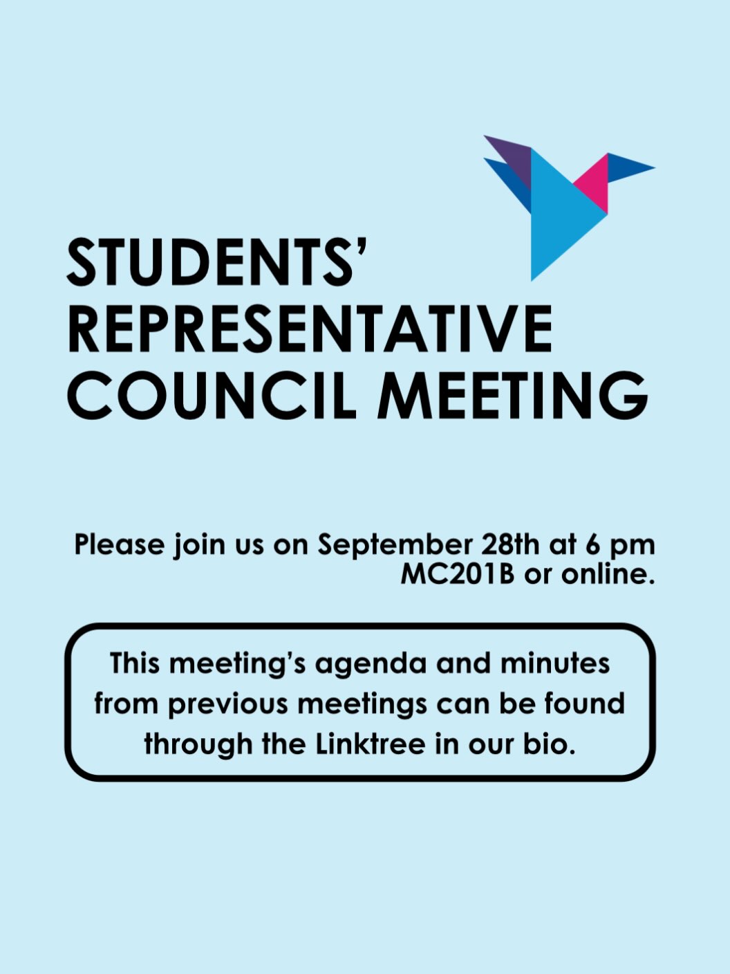 We are holding our Students’ Representative Council meeting on September 28th at 6pm, McCain 201B/on Teams.
To access physical copies of the meeting materials, please visit The Hub during its operational hours. For the PDF version of the materials, visit our website (msvusu.ca) under ‘Governance’ and then ‘Meetings’