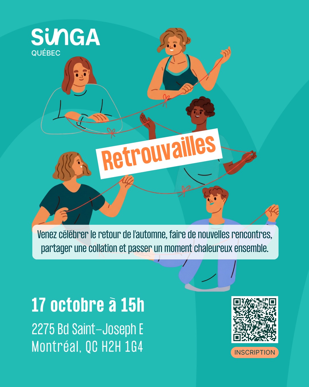 Après un bel été ensoleillé, SINGA a le plaisir de vous inviter à célébrer la rentrée ensemble !
Retrouvez-nous le temps d'un après-midi chaleureux, l'occasion d'échanger et profiter ensemble autour d'une collation.
L'évènement aura lieu en extérieur si la météo le permet, ou dans nos locaux.
📅 Date : le samedi 17 octobre
⏰ Heure : 15h
📍Lieu : Centre du Plateau, au 2275 Bd Saint-Joseph E, Montréal, H2H 1G4
Inscription via le formulaire en bio.
En espérant vous y retrouver nombreux·ses !