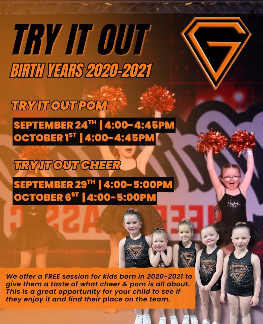 Ready to try something new? 📣
We’re offering FREE Try It Out sessions for athletes born in 2020–2021!
This is the perfect, low pressure opportunity for your little one to step onto the floor, learn the basics, and see what Cheer & Pom are all about!🧡
📅 TRY IT OUT POM
• Sept 24th | 4:00 PM – 4:45 PM
• Oct 1st | 4:00 PM – 4:45 PM
📅 TRY IT OUT CHEER
• Sept 29th | 4:00 PM – 5:00 PM
• Oct 6th | 4:00 PM – 5:00 PM
📲 Register online today! www.griddercheer.com
#freeclasses#cheer#pom#tryitout#griddercheer