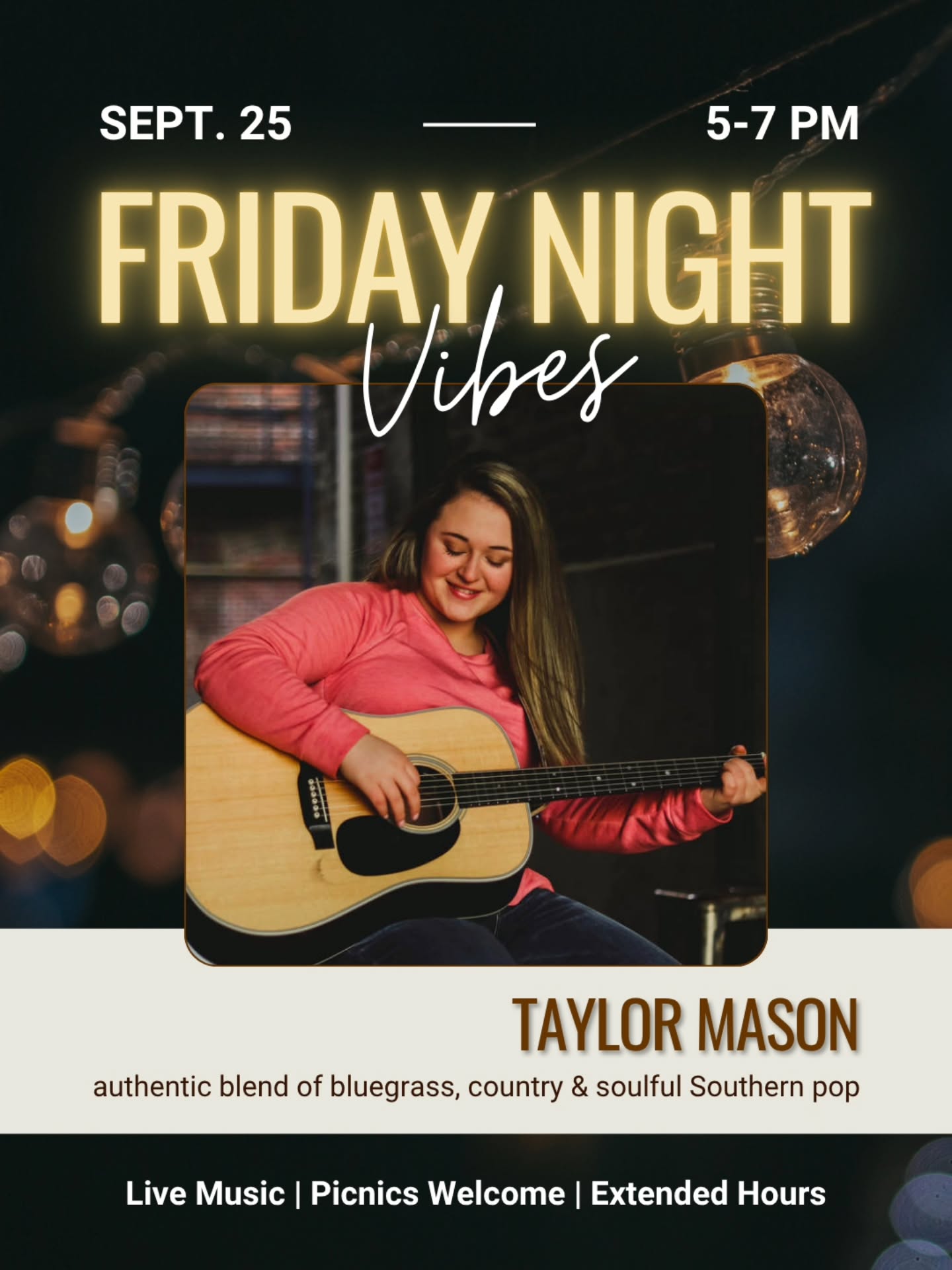 Fall weather is arriving and we've got the plans to fill your first official autumn weekend! 🍷🍂
On Friday, the great Taylor Mason will be treating us to some soulful bluegrass music from 5-7pm. Since we are unable to have a food truck that day, picnics and snacks are welcome. Guests may also Doordash from some great local spots!
Then we'll have fan-favorite, Jim Mayberry, here on Saturday from 2-4pm for some classic rock cover songs and more. 🎸
See you then!
@taylormusic00
@jimmayberry1
@visitlexnc