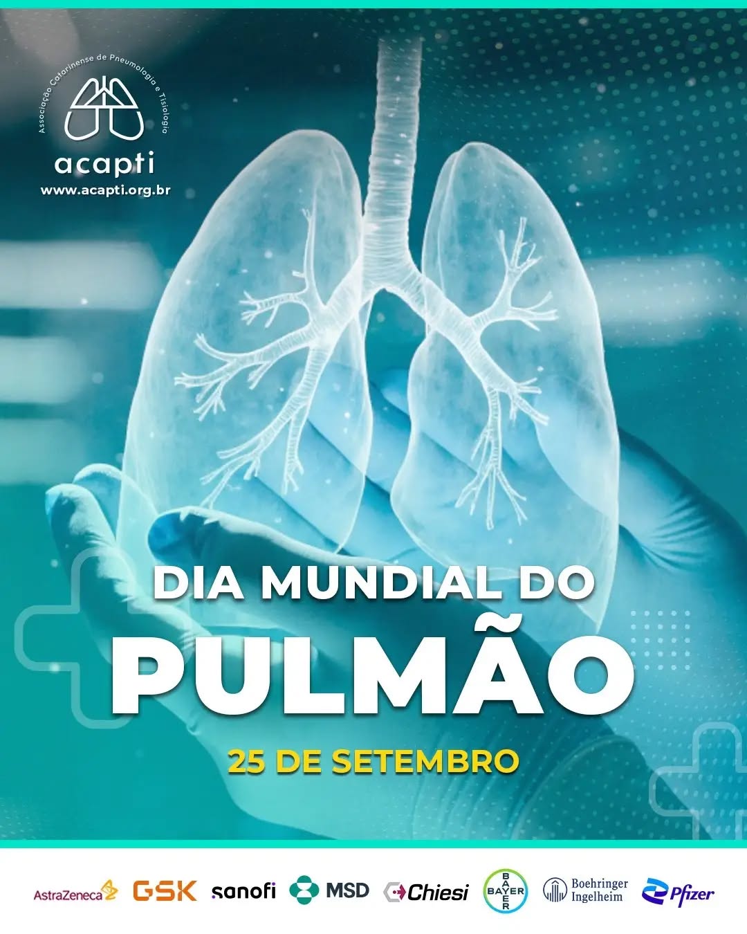 Dia Mundial do Pulmão
Hoje é dia de lembrar que cuidar da saúde pulmonar é cuidar da qualidade de vida.
Respirar bem é essencial em todas as fases da vida. Por isso, a prevenção, o diagnóstico precoce e o acompanhamento adequado das doenças respiratórias são fundamentais.
🚭 Evite o tabagismo e o uso de cigarros eletrônicos.
🏃♀️ Pratique atividade física regularmente.
🌱 Cuide da qualidade do ar que você respira.
🩺 Mantenha seus exames e consultas em dia.
💙 Procure orientação médica diante de sintomas respiratórios persistentes.
Neste Dia Mundial do Pulmão, a ACAPTI reforça seu compromisso com a conscientização, a prevenção e a promoção da saúde respiratória.
Cuide dos seus pulmões. Cuide da sua vida.