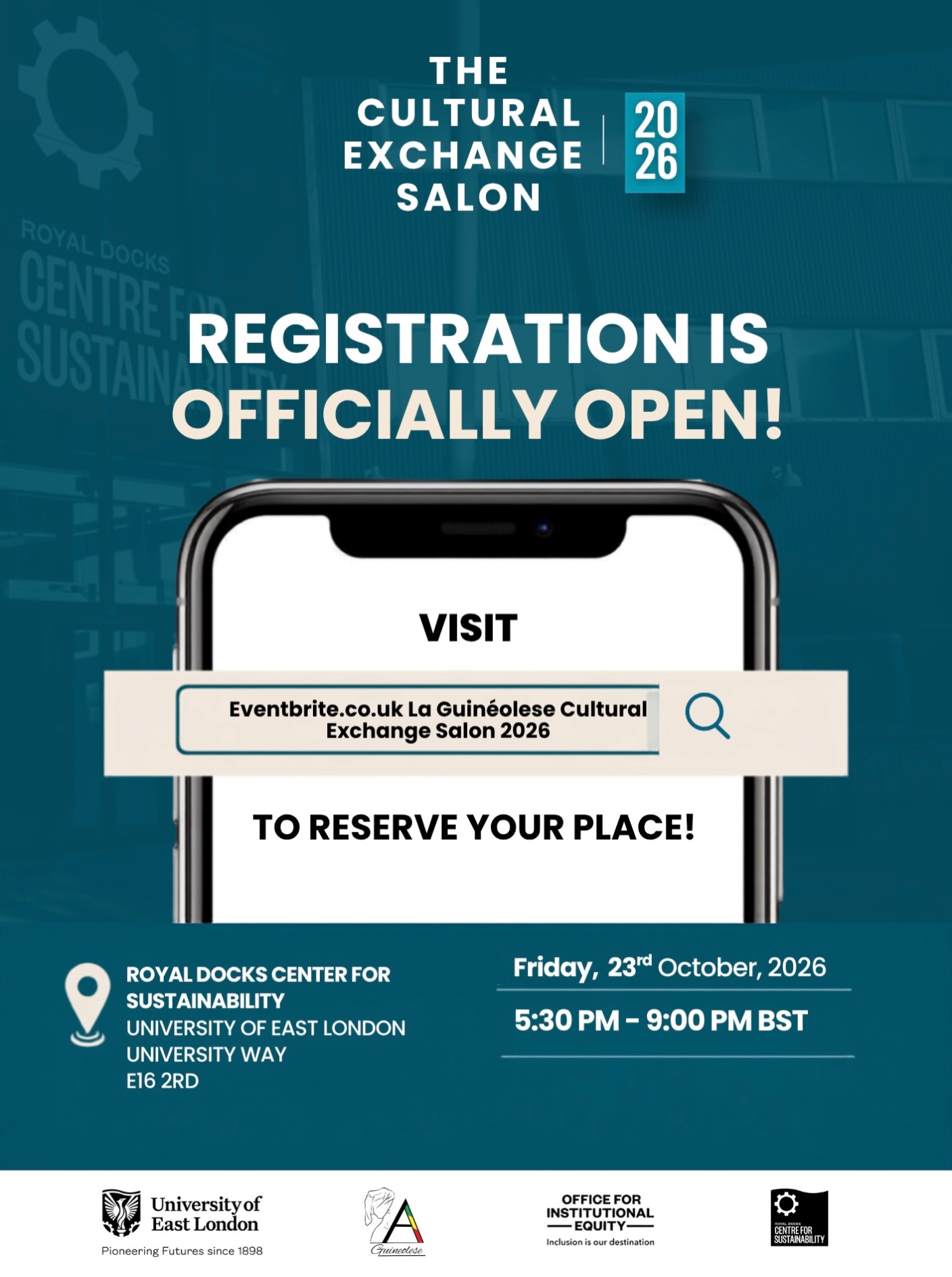 THE CULTURAL EXCHANGE SALON 2026 — REGISTRATION IS NOW OPEN! ✨
La Guinéolese is proud to present the first Cultural Exchange Salon, taking place during Black History Month UK 2026, with a Francophone African focus.
In partnership with UEL’s Office for Institutional Equity (OIE) and the Royal Docks Centre for Sustainability (RDCS), join us for an evening of cultural exchange, dialogue and discovery, featuring a curated panel, mini exhibition, research spotlight and networking.
📍 Royal Docks Centre for Sustainability, UEL
📅 Friday 23 October 2026
🕠 5:30PM–9:00PM
🎟️ FREE ENTRY — registration required
Want the Eventbrite registration link?
Comment “SALON” below and we’ll send it to you by DM. 💌
Come and explore Cultural Identity in a Global World: Bridging Heritage & Belonging.
#LaGuineolese #CulturalExchangeSalon #BlackHistoryMonthUK #UEL #royaldocks