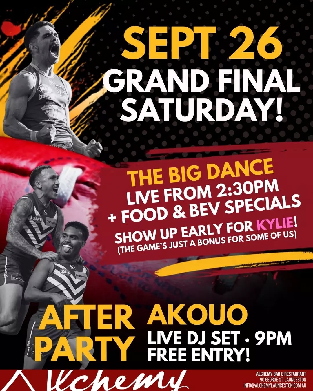 The Big Dance is HERE 🏉
Catch all the action live from 2:30pm this Saturday, Sept. 26! Come early for Kylie, stay for the footy, and fuel up with all-day food & drink specials. Stick around, @akouo takes the decks from 9pm 'til late.
FREE ENTRY ALL DAY & NIGHT.
Tag your crew and get down early to grab a spot! 🏆