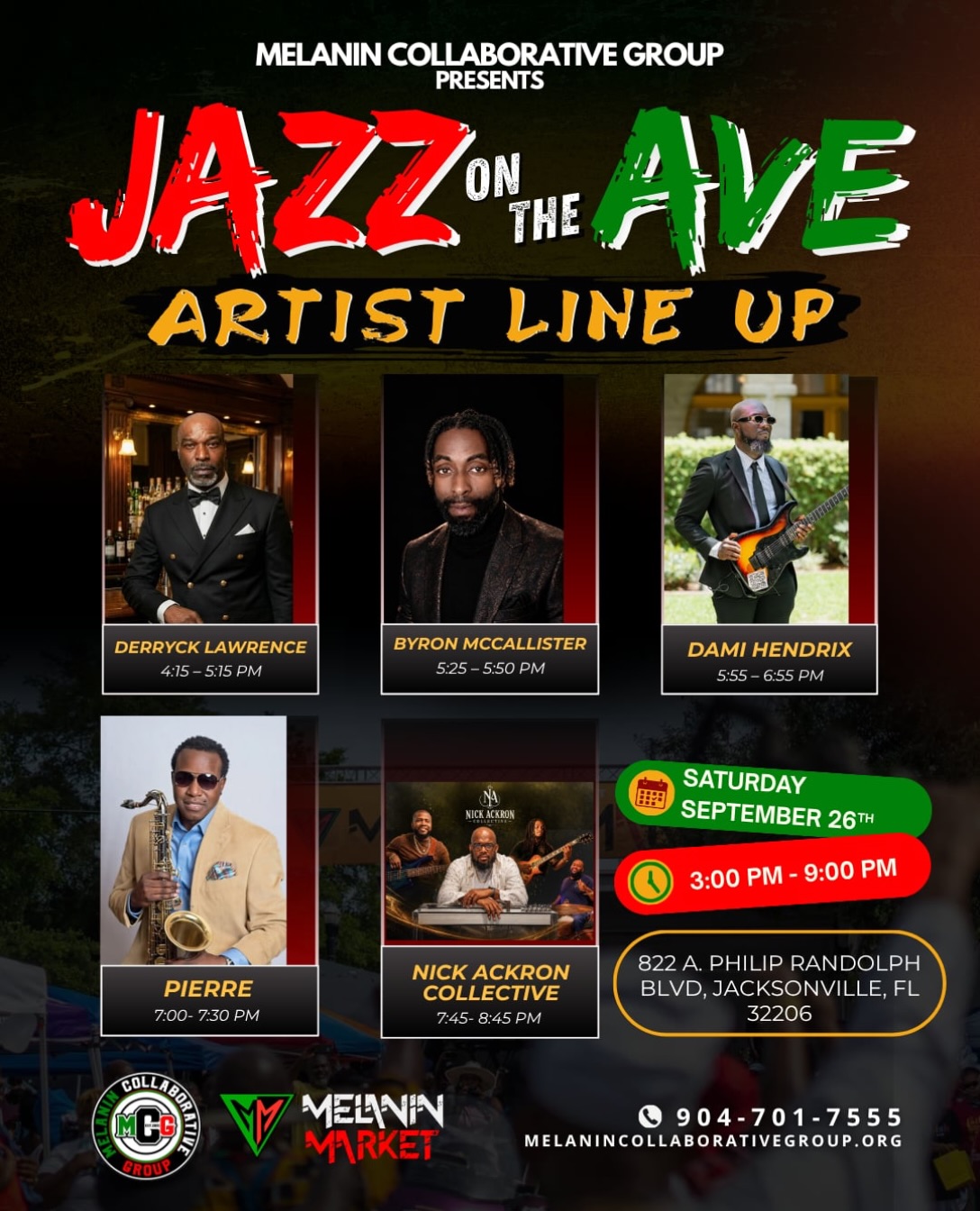 🎷 MELANIN COLLABORATIVE GROUP PRESENTS: JAZZ ON THE AVE!
The lineup is HERE! Jacksonville, get ready for an afternoon of live music, incredible talent, good food, local businesses, and community.
📅 September 26, 2026
⏰ 3–9 PM
📍 822 A. Philip Randolph Blvd., Jacksonville, FL
Come experience the music. Come celebrate the community. Come see it LIVE!
#JazzOnTheAve #JacksonvilleEvents #JacksonvilleFL #LiveMusicJacksonville #melanincollaborativegroup