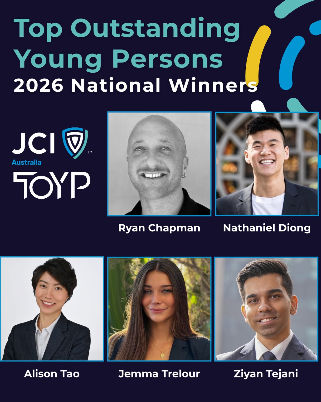 🥁 Our 2026 National TOYP Honourees are here!
TOYP celebrates individuals aged 18 to 40 who are leading the way in their field and making a real difference in their communities ✨ Each year, JCI then picks just ten incredible people from around the globe as the Ten Outstanding Young Persons of the World 🌏
Introducing...
💼 Business, Economic and/or Entrepreneurial Accomplishment category:
Nathaniel and Alison
💜Humanitarian and/or Voluntary Leadership category: Ziyan, Ryan, and Jemma
We will honour all five at the Gala Dinner at our National Convention in Brisbane on Saturday 24 October. More on each of them soon, so stay tuned 👀
🎟️ Grab your Gala or full NatCon tickets at the link in bio.