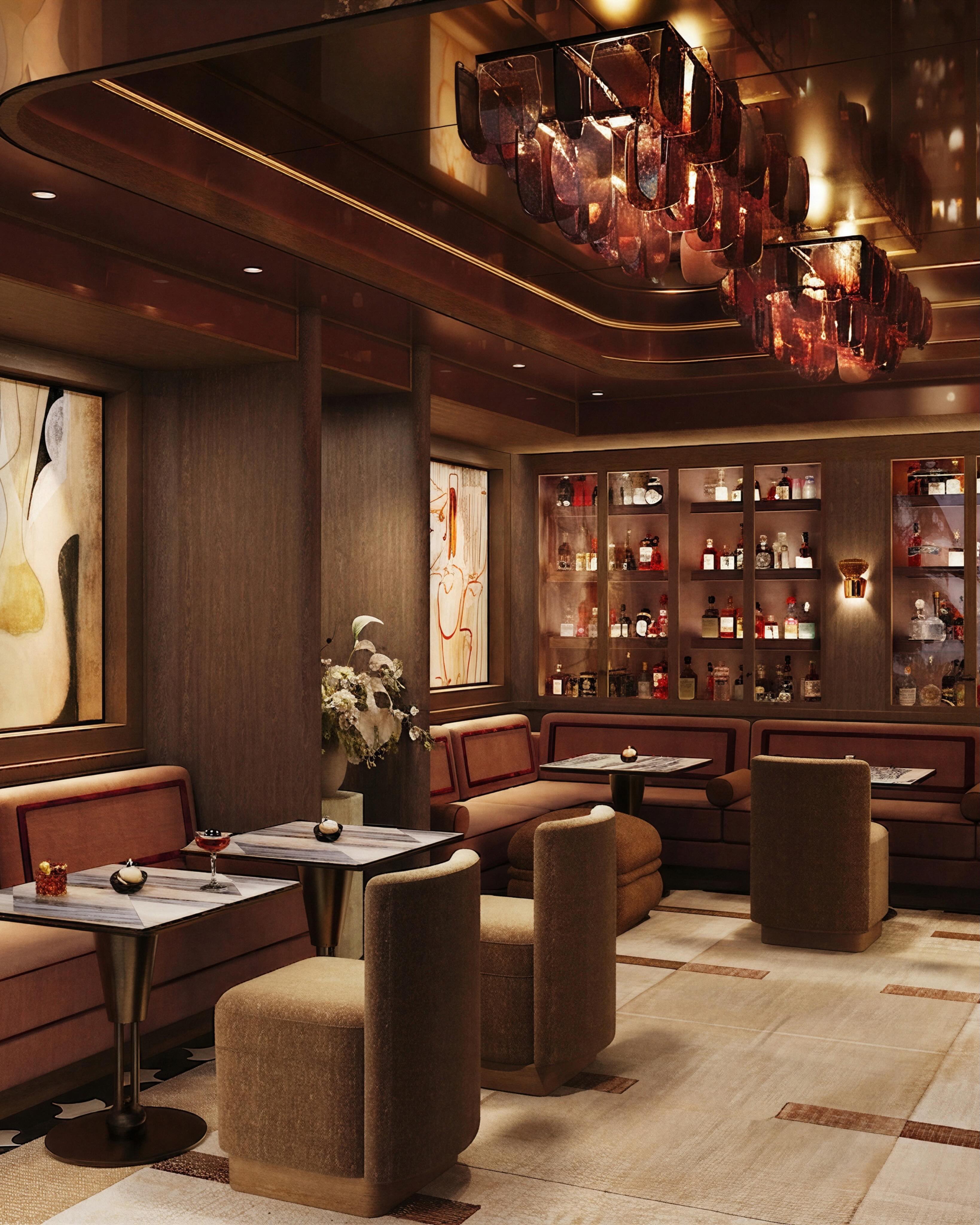 The Spirits Room at St. Regis Resort & Residences is a contemporary take on the traditional Cognac Room. A mirrored ceiling and sculptural lighting sit alongside lacquered timber, bronze detailing and bespoke artwork, lending the space a sense of classic elegance.
#StRegisResortAndResidences #StRegisFortLauderdale
#InteriorArchitectureAndDesign
