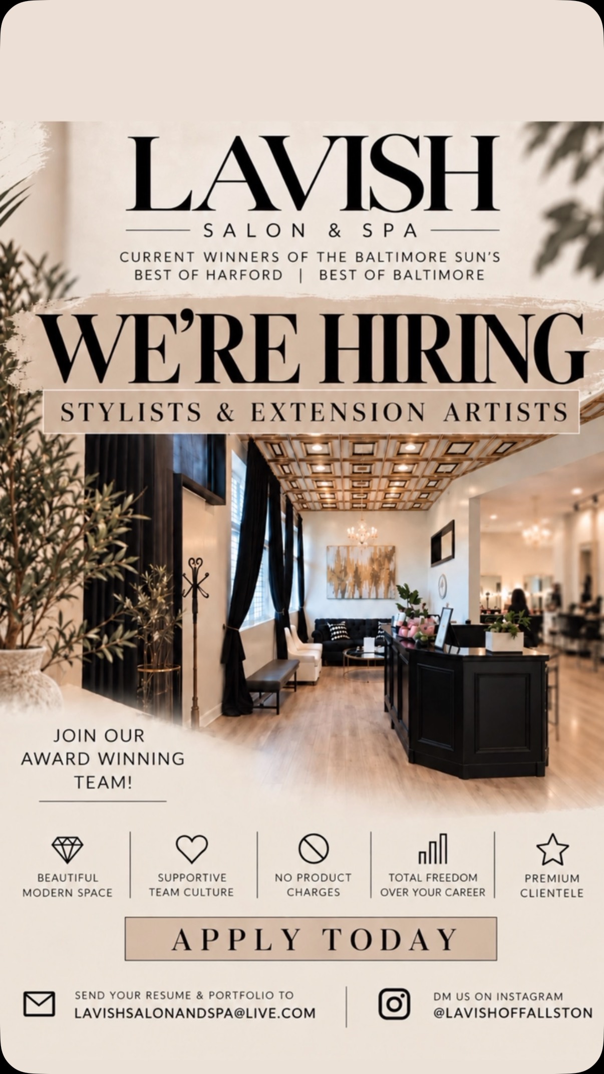COME ENJOY COMPLETE FREEDOM & CONTROL OVER YOUR CAREER in a super supportive beautifully redone environment in gorgeous affluent Fallston where we are the only salon & spa for miles! Come & go as you please, vacation when you want, no dress code, no backbar/product charges & the best darn team around!! Message with interest to learn more!