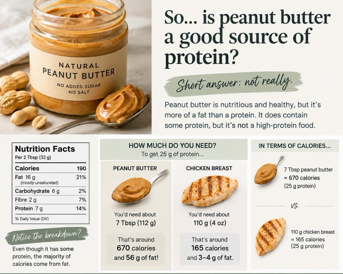 🥜 So… is peanut butter a good source of protein?
This one surprises a lot of people!
Peanut butter does contain protein — but nutritionally, it’s much more of a fat source than a protein source.
For example, 2 tbsp of natural peanut butter gives you roughly 7 g of protein and 16 g of fat.
To get 25 g of protein from peanut butter alone, you’d need about 7 tbsp — that’s roughly 670 calories and 56 g of fat. 😳
Compare that with about 110 g (4 oz) of chicken breast, which provides roughly the same 25 g of protein for around 165 calories.
👉 That doesn’t mean peanut butter is unhealthy! It provides healthy unsaturated fats, some protein, fibre and other nutrients. It just means we want to count it primarily as a fat source, rather than relying on it as our main protein.
So if you’re having peanut butter on toast, oatmeal or fruit, think about adding a protein boost to make the meal more balanced.
Just like yesterday’s post about egg whites, you could pair it with:
🥚 Egg whites or eggs
🥣 Greek yogurt
🥛 A protein-rich milk or shake
🍗 Another lean protein source
The takeaway: Peanut butter can absolutely be part of a healthy diet — just don’t let the word “protein” on the nutrition label fool you into thinking it’s a high-protein food. 😉
What’s your favourite way to pair peanut butter with protein?
#EnergyGlowNutrition #NutritionTips #Protein #PeanutButter #BalancedNutrition HealthyFats MealBalance Nutritionist ProteinTips HealthyEating