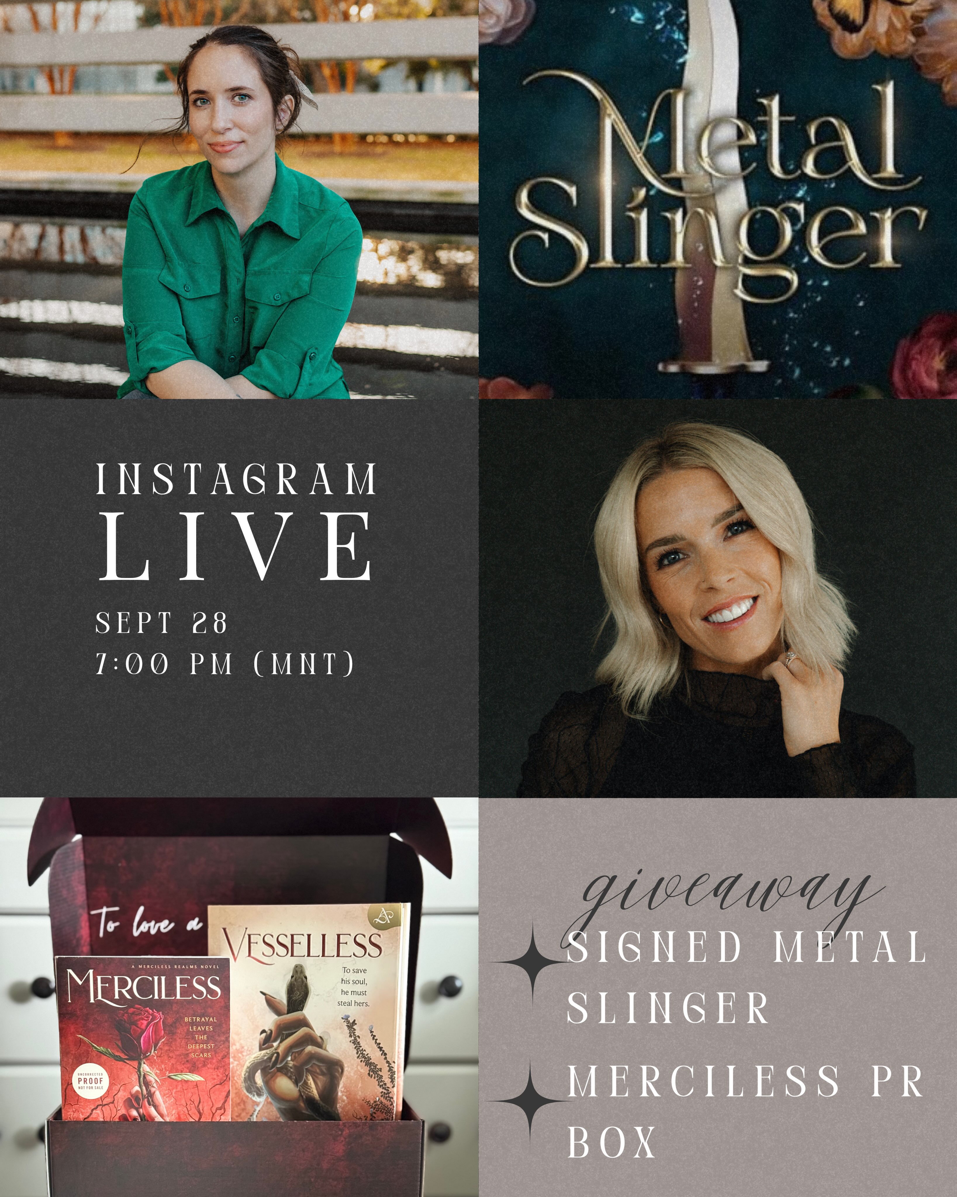Join us live on Instagram! 🔥 We will be announcing the winner of the Merciless PR box (if you haven’t entered yet, go do it!) We will also be giving away a signed copy of Metal Slinger to some lucky person AT THE LIVE 👀 We can’t wait to see you all there! 🥀🖤