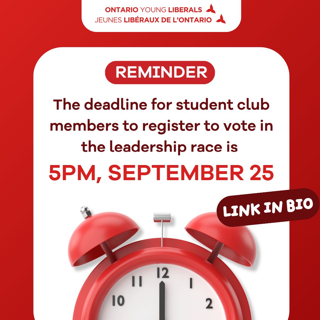 REMINDER: The deadline is TOMORROW at 5 PM!
Student club members, make sure you’re registered to vote in the OLP leadership race.
To register, sign up to become an OLP member and select your campus club during registration. Link in bio!
//
RAPPEL : La date limite est DEMAIN à 17 h!
Membres des clubs étudiants, assurez-vous d’être inscrits pour voter dans la course à la chefferie du PLO.
Pour vous inscrire, devenez membre du PLO et sélectionnez votre club universitaire lors de votre inscription. Lien dans la bio!
#OLP #OYL #Onpoli