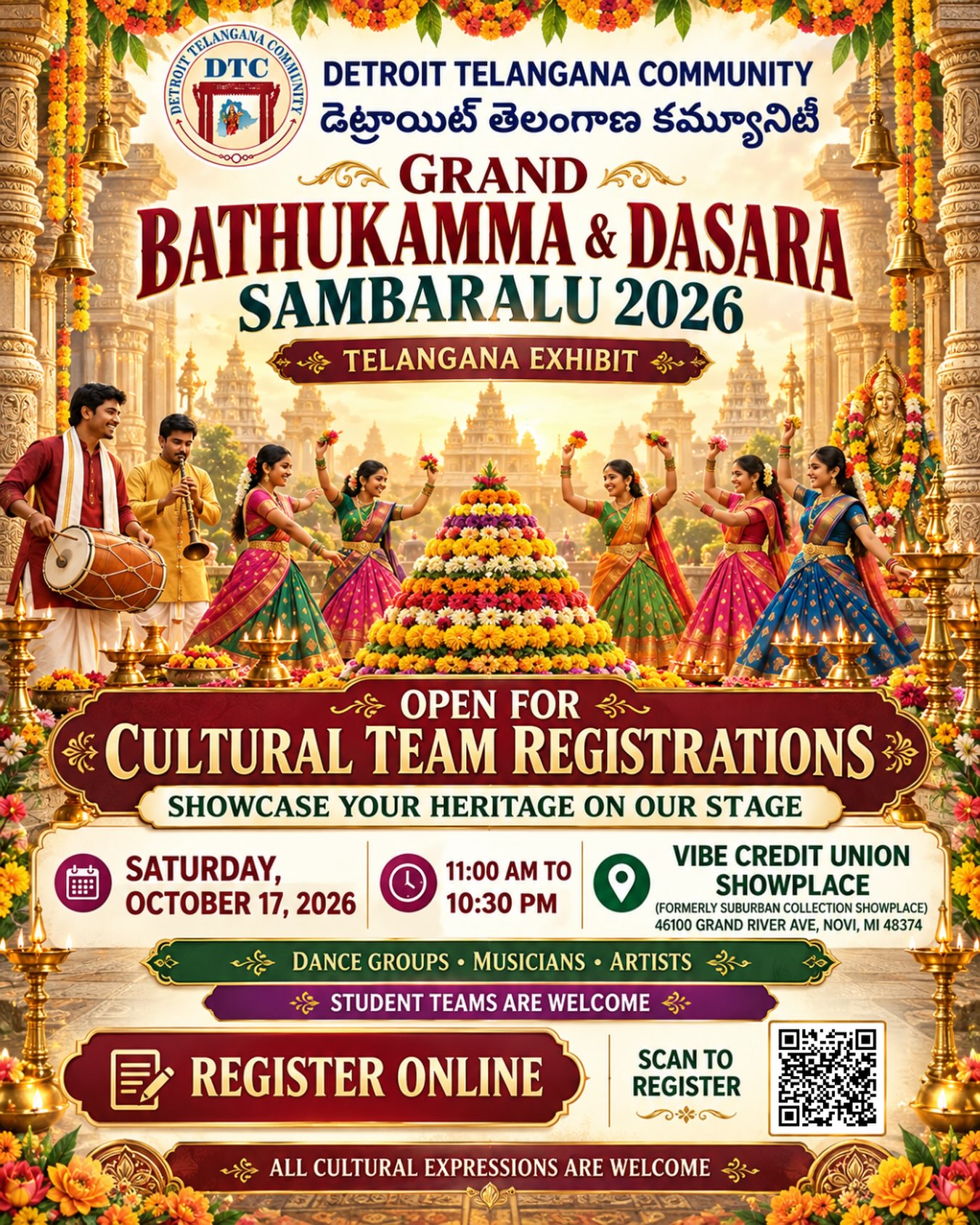 🌸 Cultural Registrations Are Now Open! 🎭
Calling all dance teams, music groups, cultural organizations, students, and performers to be part of the DTC Grand Bathukamma Sambaralu 2026 cultural celebrations!
This is your opportunity to showcase your talent, represent your culture, and perform on the DTC stage in front of our growing community.
💃 Dance
🎶 Music
🥁 Folk Performances
🎭 Cultural Programs
👧 Kids & Youth Performances
👨👩👧👦 Group Performances
🎟️ Register Your Team Today
🌐 Cultural Registration:
https://www.dtcusa.org/cultural-registration
📞 For More Information
Swapna Chilla — (309) 533-8142
Swapna Gandham — (248) 832-4171
Swapna Ellendula — (267) 317-6739
Swapna Mutyala — (248) 413-7933
Anusha Uppala — (248) 679-6349
🌸 Bring your talent. Celebrate our culture. Create beautiful memories together!