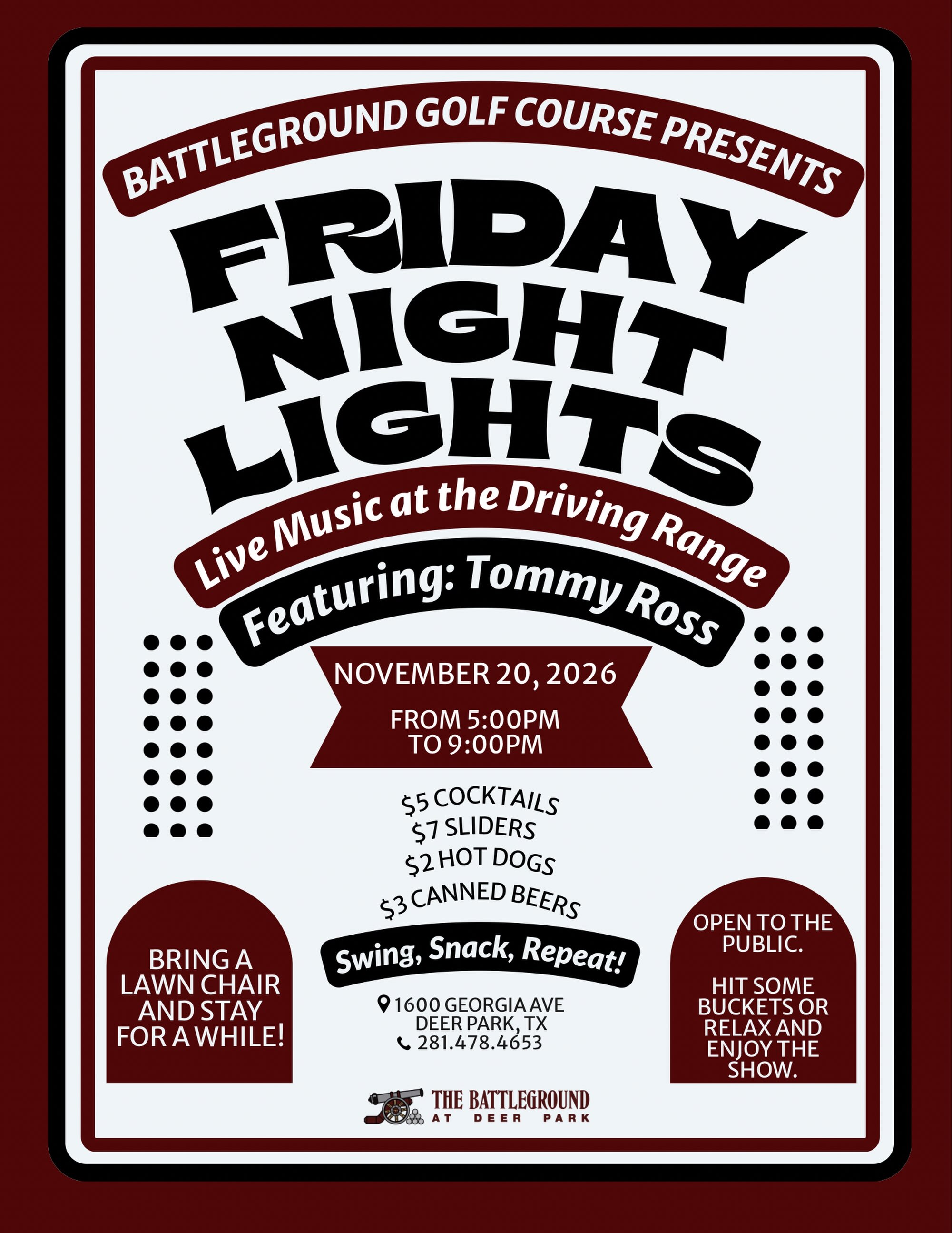You asked. We listened.
Friday Night Lights at the Driving Range is BACK! ⛳️ 🏌️♂️
Mark your calendars and get ready for a night of fun, food, and good times.
For more information please contact: haley@battlegroundgolfcourse.com
Thank you for the support. We look forward to seeing you out here!