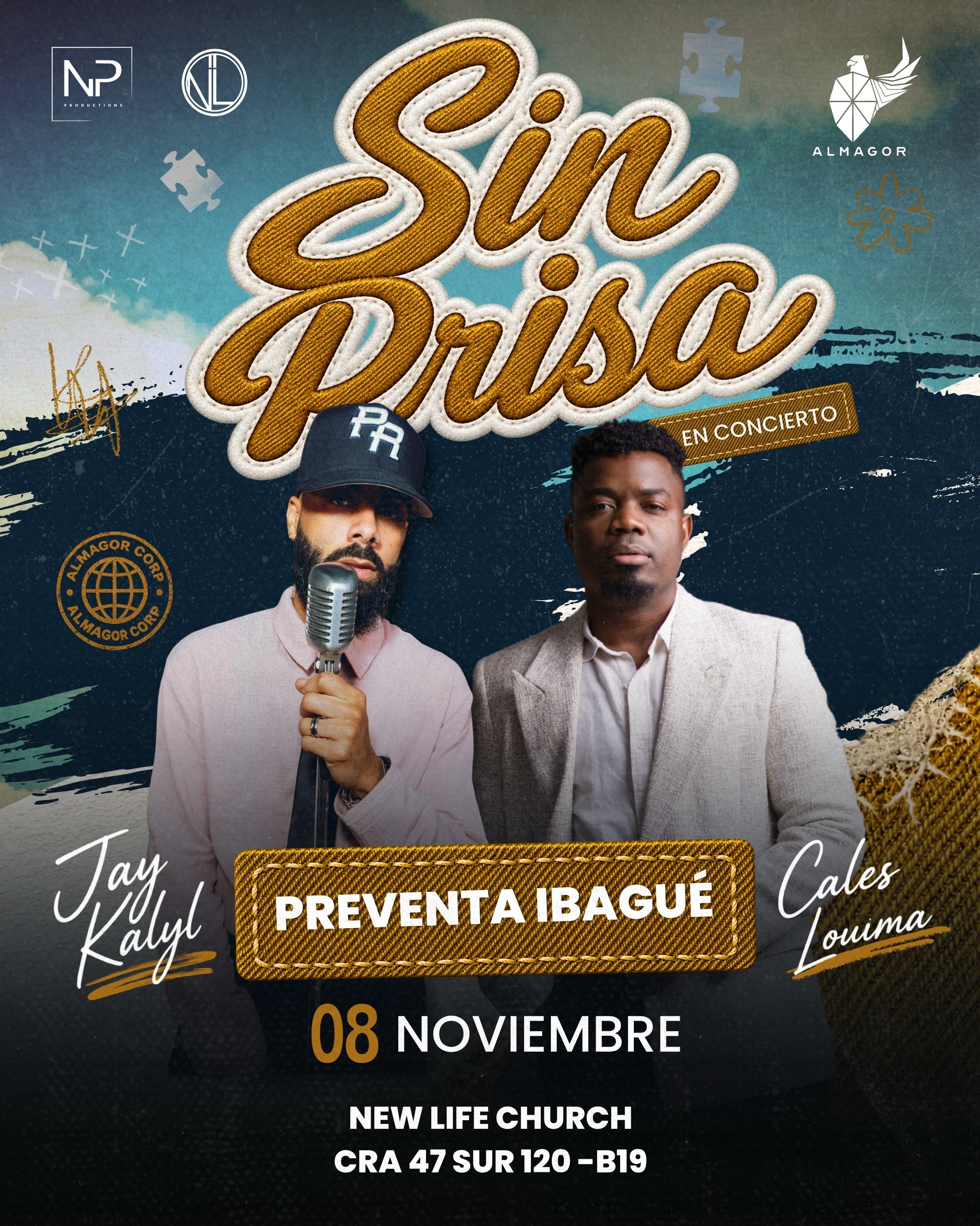 ¡Ya está la preventa disponible para Jay Kalyl y Cales Louima En Ibagué! 🇨🇴
Adquiere ya tus entradas a precio especial para adorar sin prisa junto a @jaykalylmusic y @caleslouima
VIP (Meet & Greet):$120.000
Preferencial: $100.000
General: $70.000
📍New Life Church (Cra 47 sur #120-19)
🗓️ Domingo 09 de noviembre, 6 PM
Puedes adquirir tus entradas en nuestro sitio web www.almagorlatam.com
¿Tienes dudas o consultas? Escríbenos a nuestro WhatsApp +(502) 3048-3571
¡TE ESPERAMOS! 🦅
Precio de preventa válido hasta el 7 de octubre o hasta agotar existencias, luego tendrá un incremento de precio.
#ibagué #conciertocristiano #jaykalyl #caleslouima