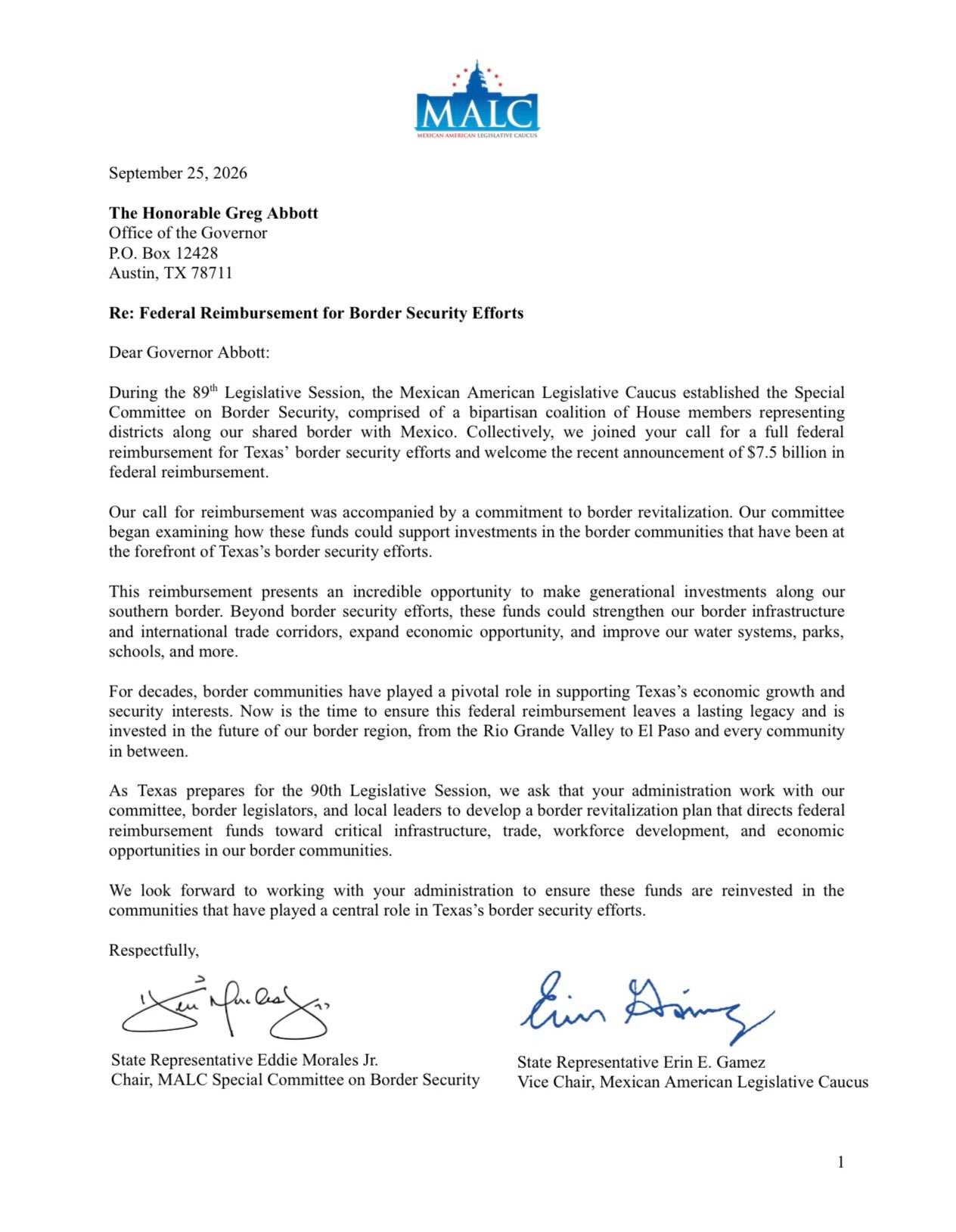 As Chairman of the MALC Special Committee on Border Security, today our bipartisan committee sent a letter to Governor Abbott advocating that the federal government’s $7.5 billion reimbursement for border security operations should be reinvested in our border communities.
Too often, the needs of our communities are overlooked, and we get left behind. This reimbursement is the perfect opportunity to revitalize our border communities and make a generational impact for our communities from Brownsville to El Paso.
Think fixing our roads, improving our water systems, supporting local law enforcement, expanding access to healthcare, strengthening our public schools, and so much more.
This bipartisan committee is committed to working on legislation to ensure these dollars are invested in the communities that were on the front lines of Texas’ border security efforts.