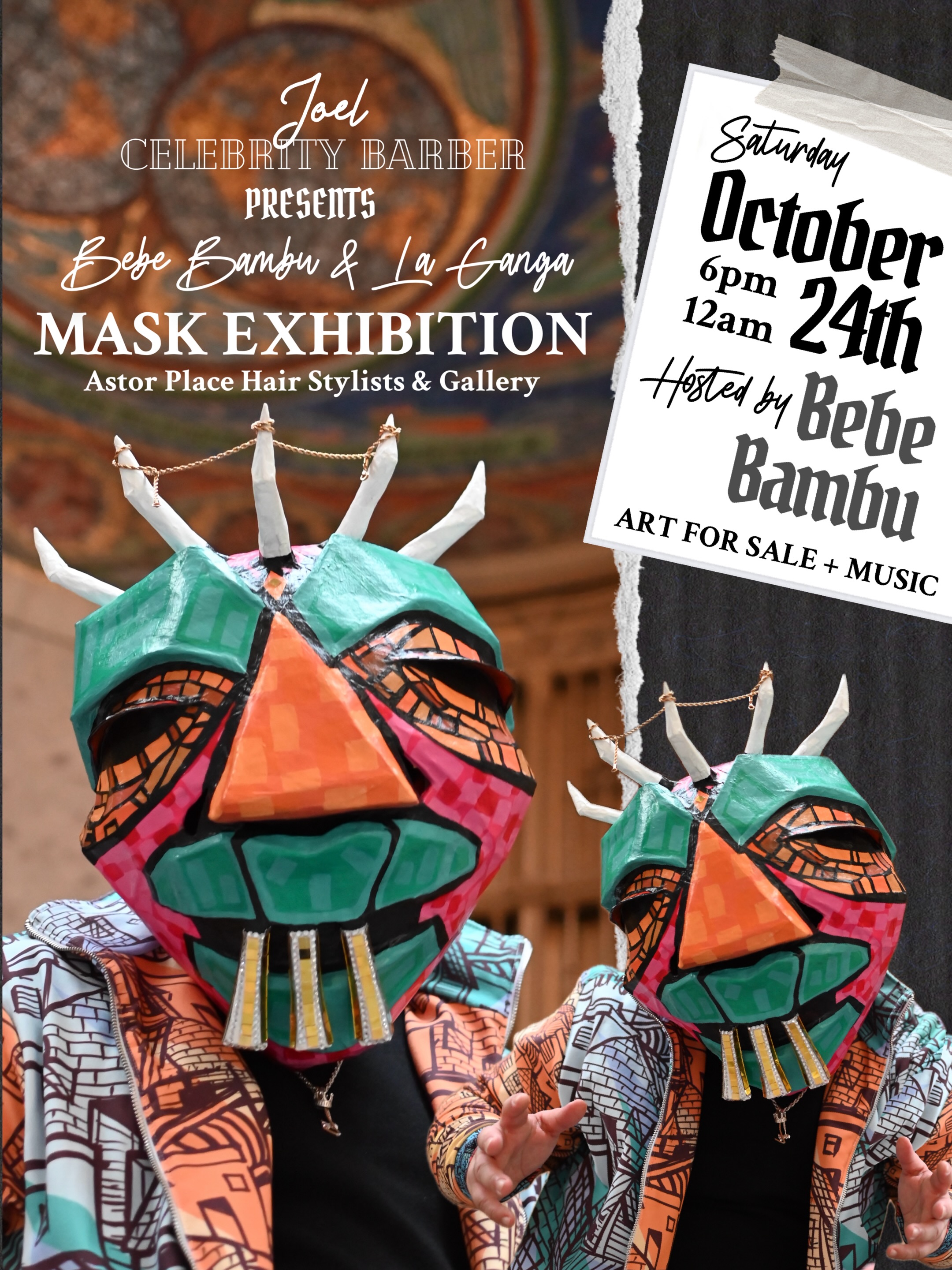 HERE WE GO!! 💯📣 MASK EXHIBITION!!
At the legendary Astor Place Hairstylists & Gallery!! With over 75 years in NYC!! ❤️🗽
Get ready for a unique experience in a hidden gallery in the city to witness an amazing collection of hand made masks and art that will fly off the walls and take life in a performance catwalk 🎭
HOSTED BY @bebebambu88
With special guests
LA GANGA
@diana_nugu_ (Chola Clown)
@joel_celebrity_barber
@dehannayphotography
@astorplacehairstylists
And MUCH MORE!!
We having Live Music! Multimedia Projections and some wine 🍷 Setting the mood for something special.
>>>>>> COSTUMES/COSPLAY OPTIONAL <<<<<<
MODELS / ACTORS / DANCERS 🪩 Let’s link up!
We are also holding info sessions on our next Mask Making and Actors Workshop! Stay tuned for more details!
see you soon!!
🎬 🍿
#maskexhibition #artshownyc #masksforsale #artcollectors #masks