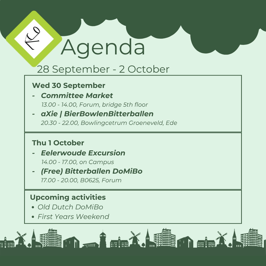 💚This Weeks’ Agenda💚
Committee Market
Take a look at all the committees Genius Loci has to offer!
Bier Bowlen Bitterballen
The annual BBB is here, drinks beers, eat bitterballen and bowl away!
Eelerwoude excursion
Join Eelerwoude for an integral walk-along day and learn about the many projects the company has done!
(Free) Bitterballen DoMiBo
Free bitterballen for everyone! Have a nice borrel with your friends and fellow Geniuses!
Upcoming Activities
-Old Dutch DoMiBo
-First Years Weekend
-Lunchlecture about fire